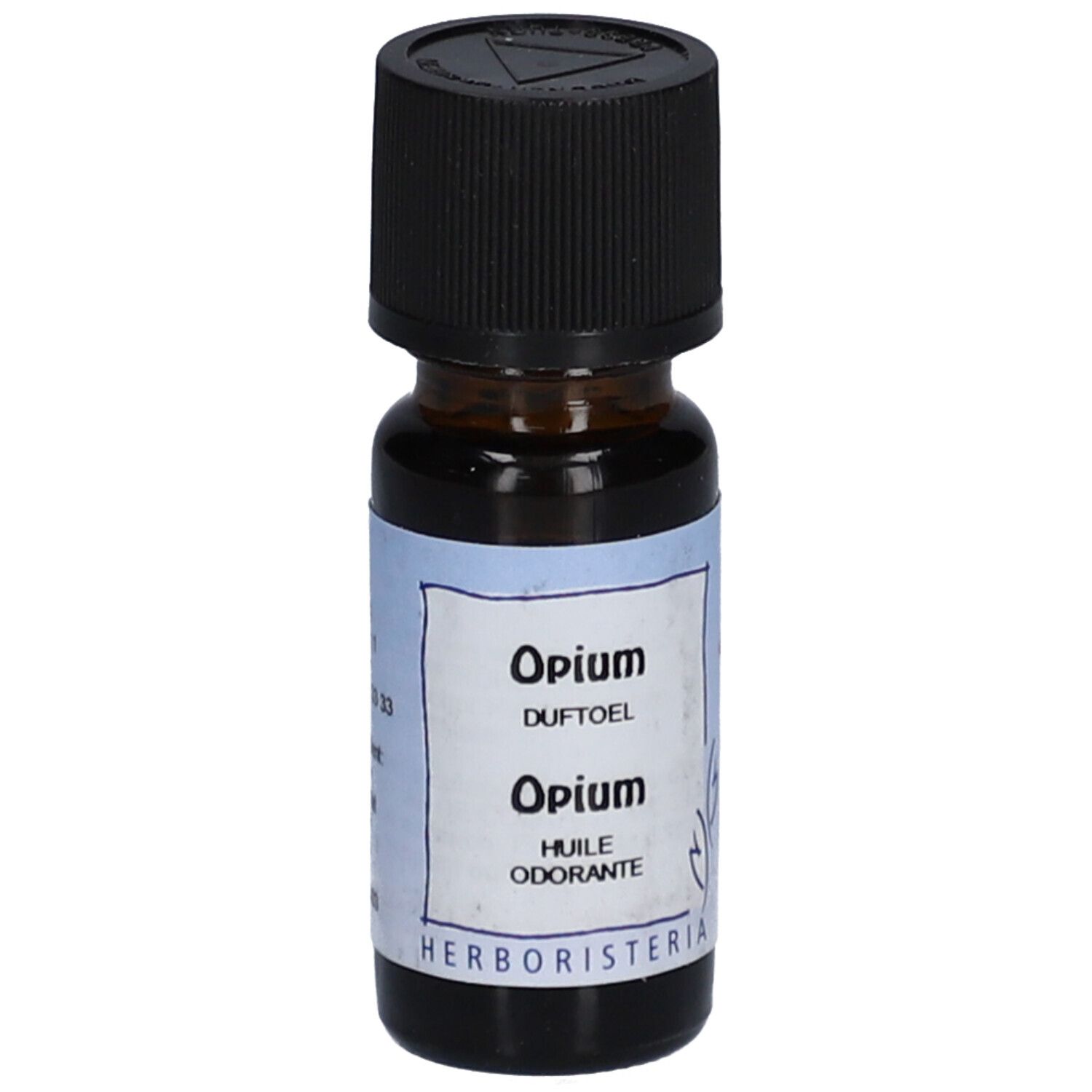 Braune Glasflasche mit schwarzem Deckel. Etikett mit "Opium" und "HERBORISTERIA".
