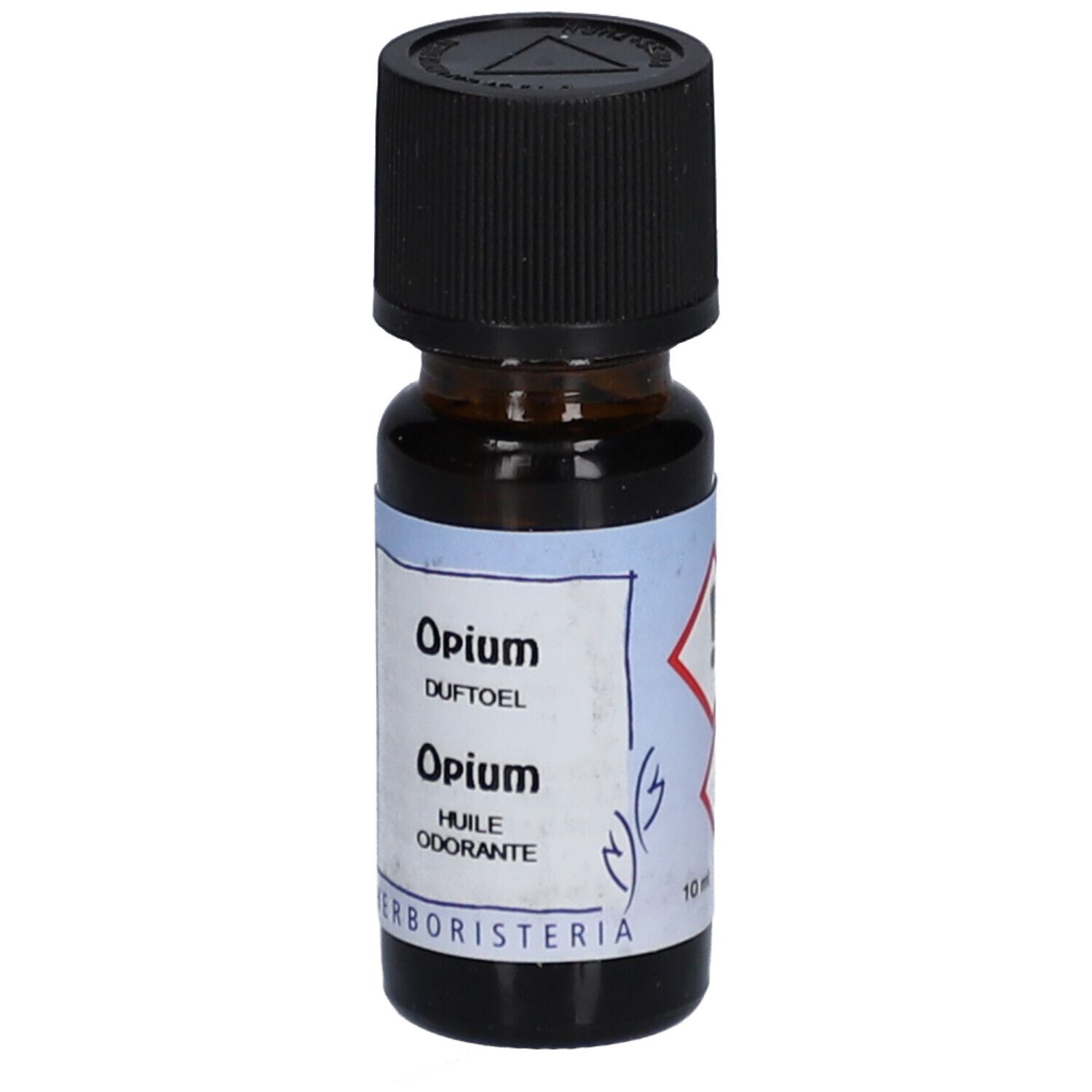 Braune Glasflasche mit schwarzem Deckel. Etikett mit "Opium", Gefahrensymbolen und "10 ml".