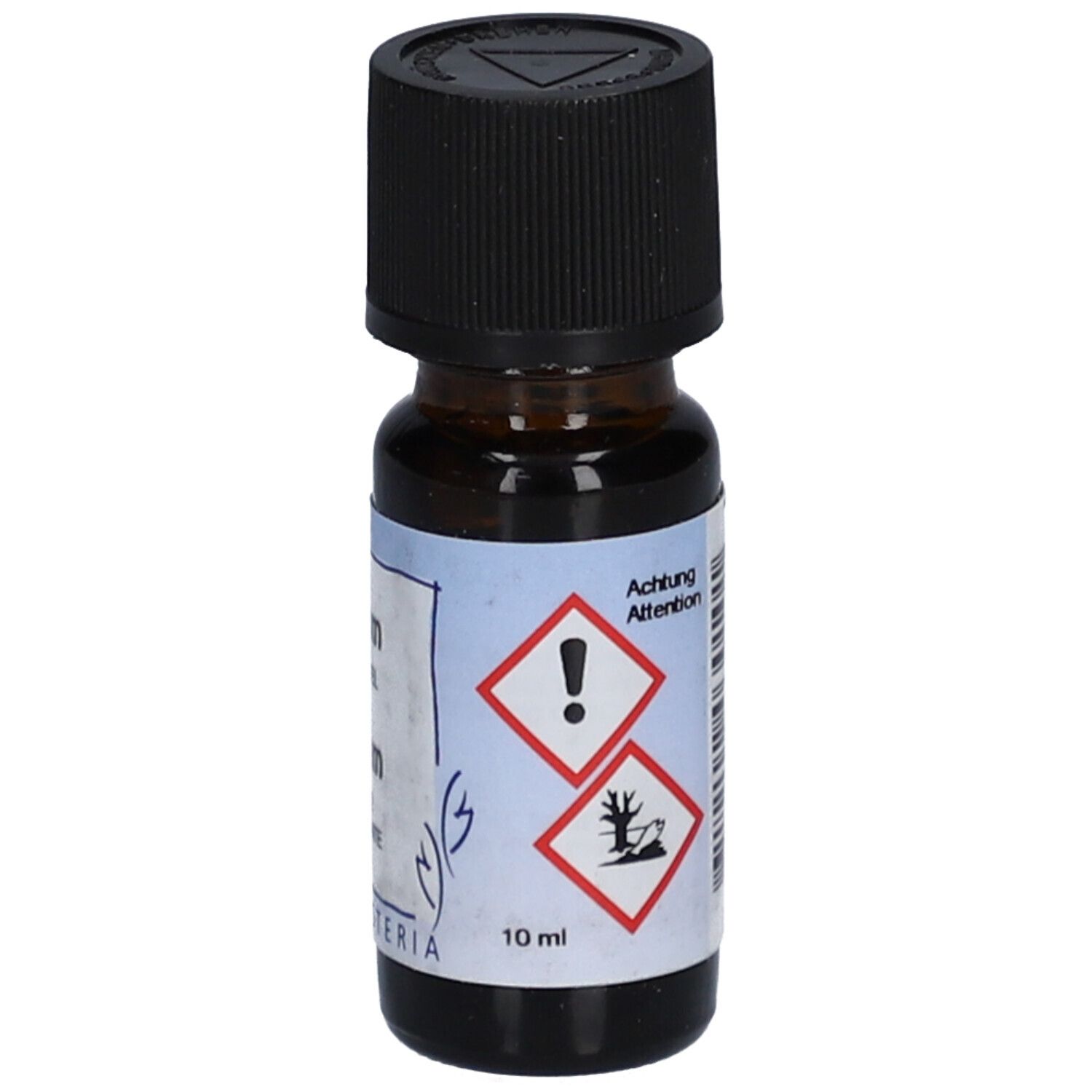 Braune Glasflasche mit schwarzem Deckel. Etikett mit Gefahrensymbolen und "10 ml".