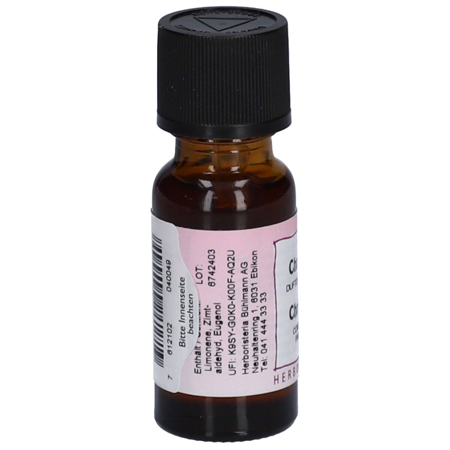 Braune Glasflasche mit schwarzem Deckel. Etikett mit Inhaltsstoffen und Chargennummer.