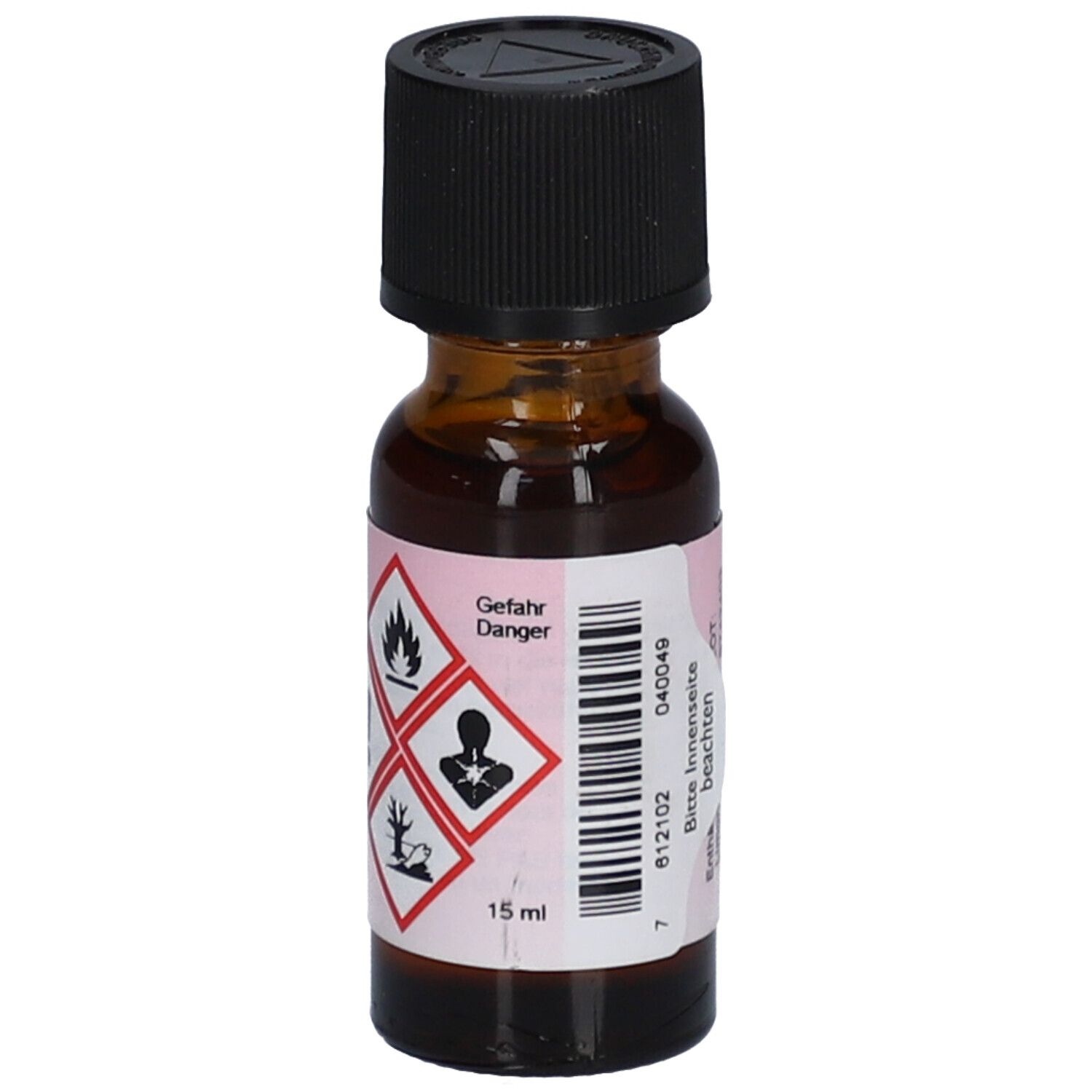 Braune Glasflasche mit schwarzem Deckel. Etikett mit Gefahrensymbolen und Volumen.