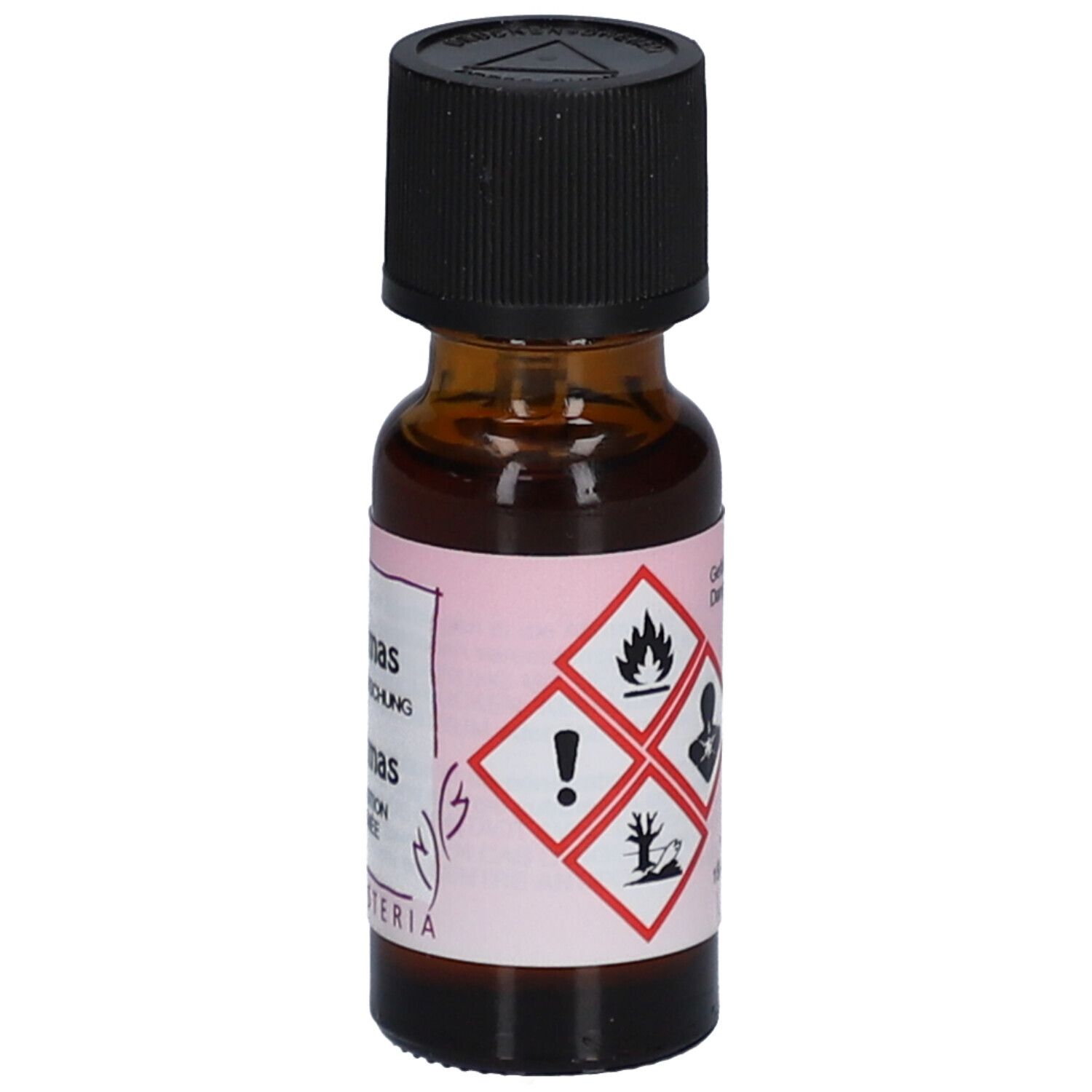 Braune Glasflasche mit schwarzem Deckel. Etikett mit Gefahrensymbolen.
