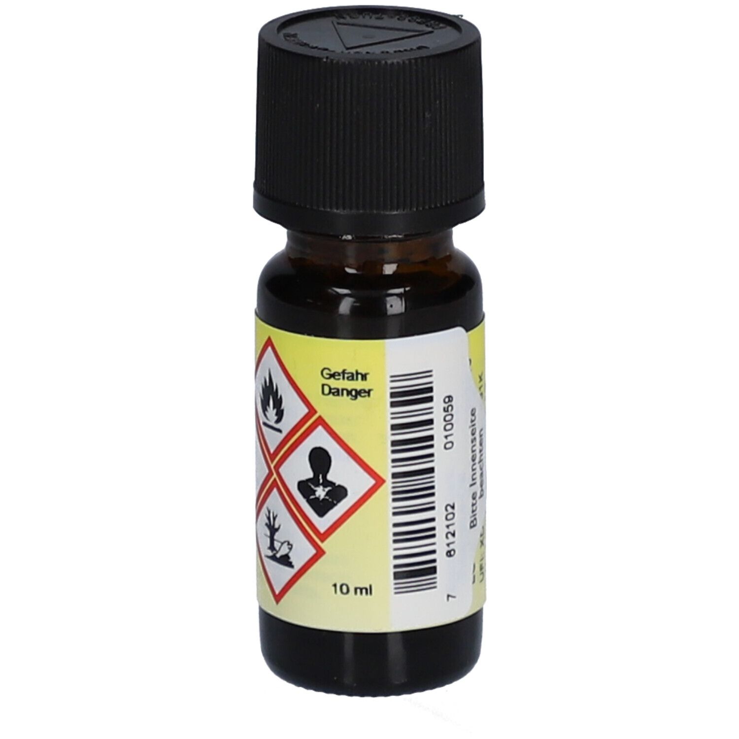 Braune Glasflasche mit schwarzem Deckel. Etikett mit Gefahrensymbolen und "10 ml".