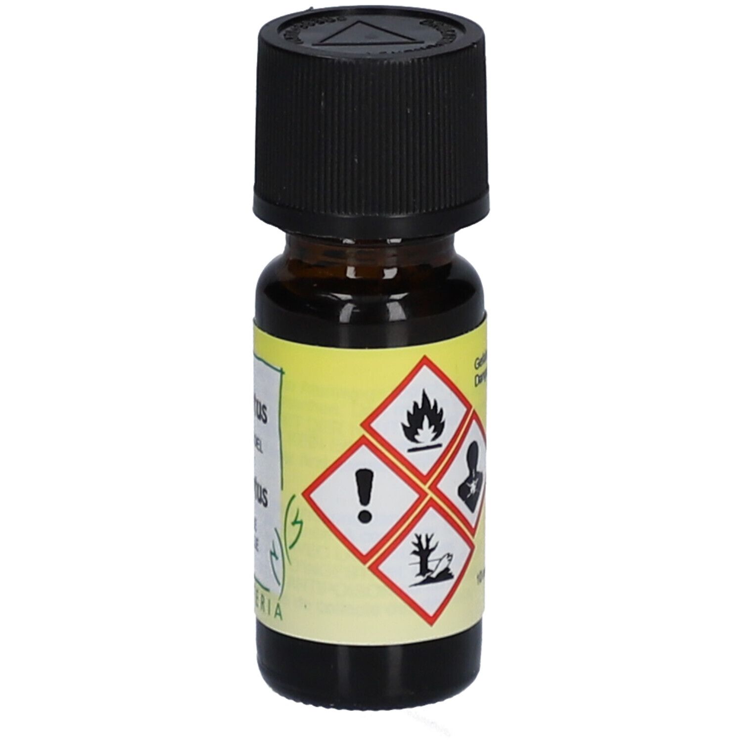 Braune Glasflasche mit schwarzem Deckel. Etikett mit Gefahrensymbolen und "HERBORISTERIA".