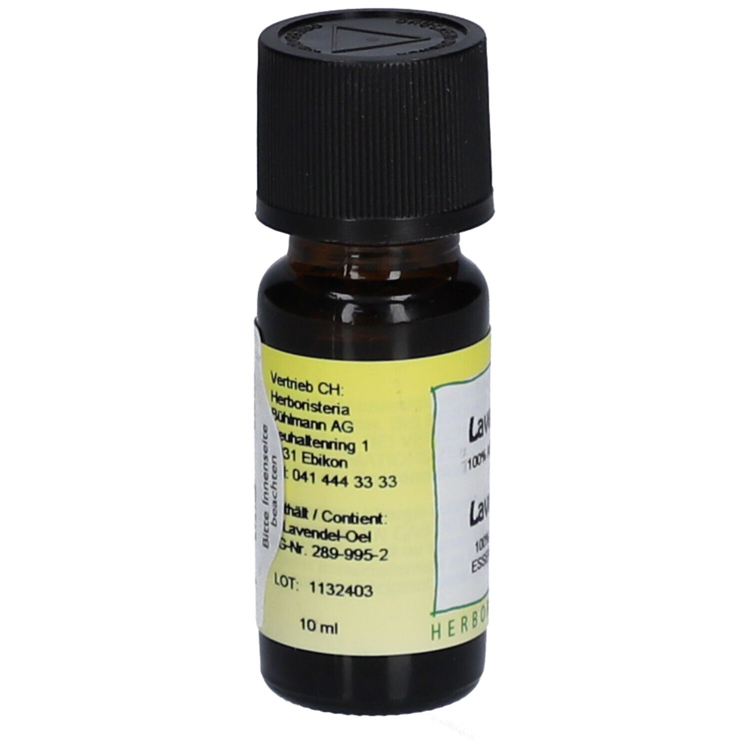 Braune Glasflasche mit schwarzem Deckel. Etikett mit Produktinformationen und "10 ml".