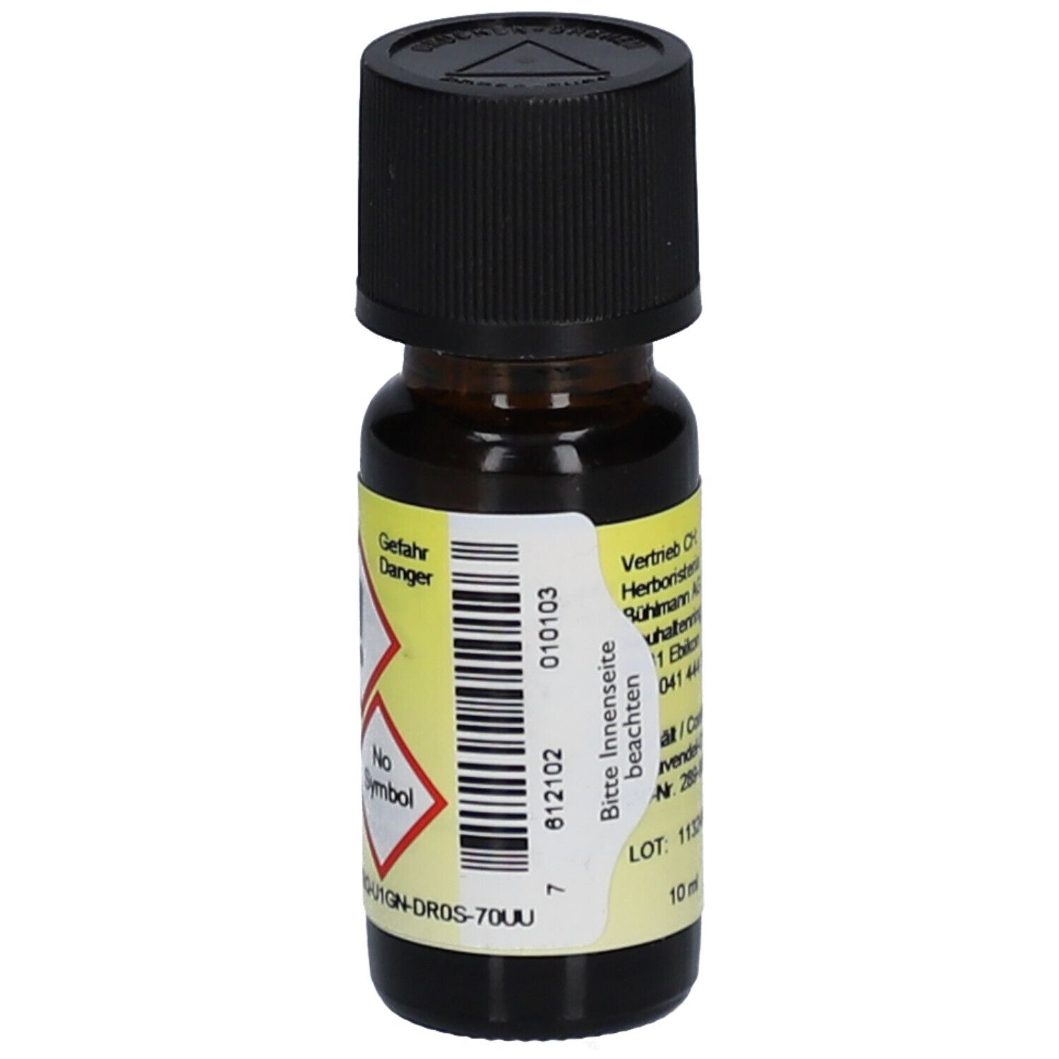 Braune Glasflasche mit schwarzem Deckel. Etikett mit Gefahrensymbolen und Produktinformationen.