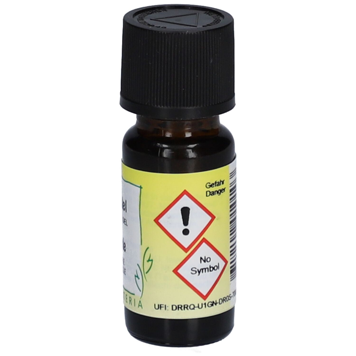 Braune Glasflasche mit schwarzem Deckel. Etikett mit Gefahrensymbolen.