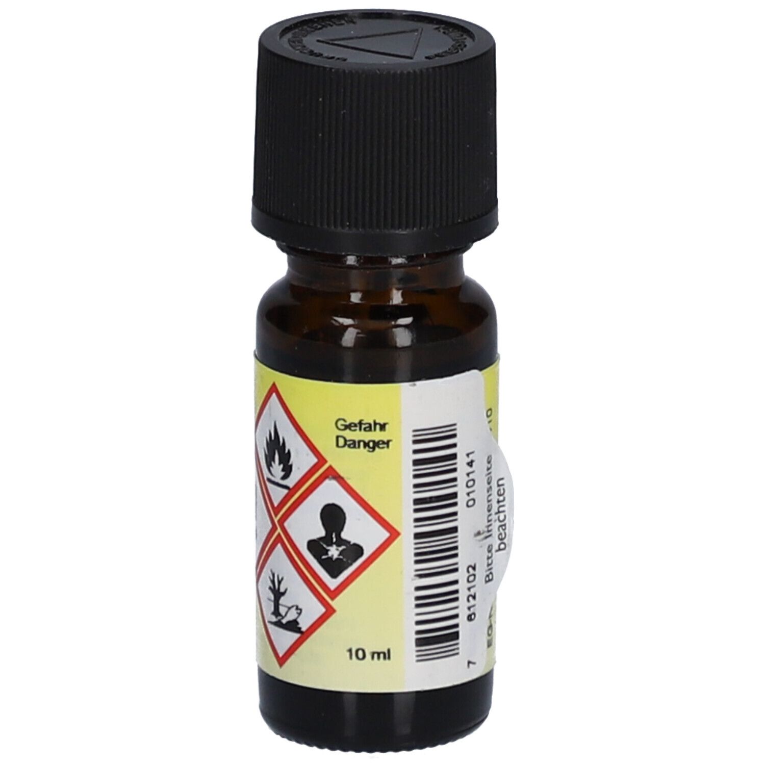Braune Glasflasche mit schwarzem Deckel. Etikett mit Gefahrensymbolen und Text: 10 ml. Marke: HERBORISTERIA. Warnhinweise sind sichtbar.