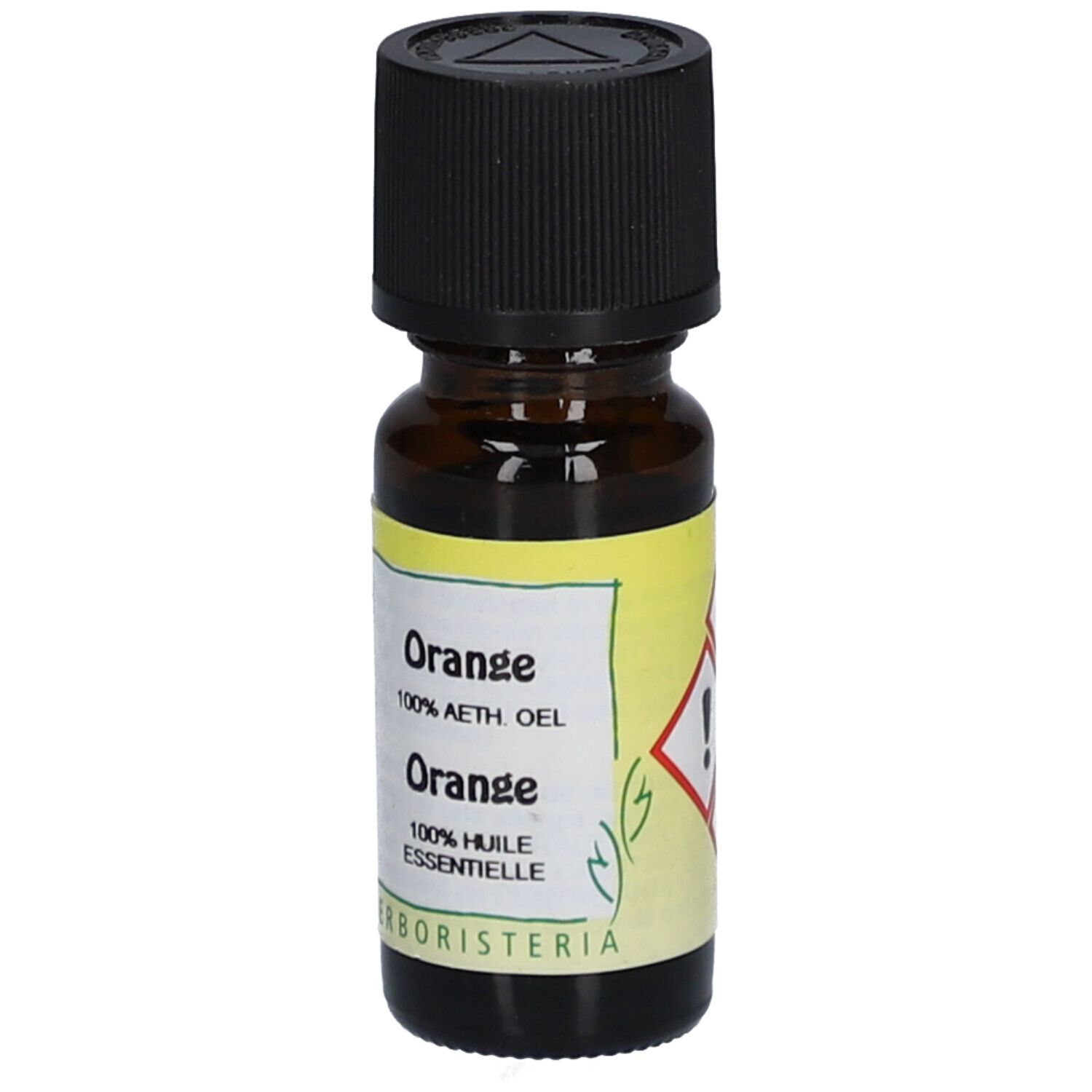 Braune Glasflasche mit schwarzem Deckel. Etikett mit Text: Orange, 100% AETH. OEL, 100% HUILE ESSENTIELLE. Marke: HERBORISTERIA. Warnhinweis.