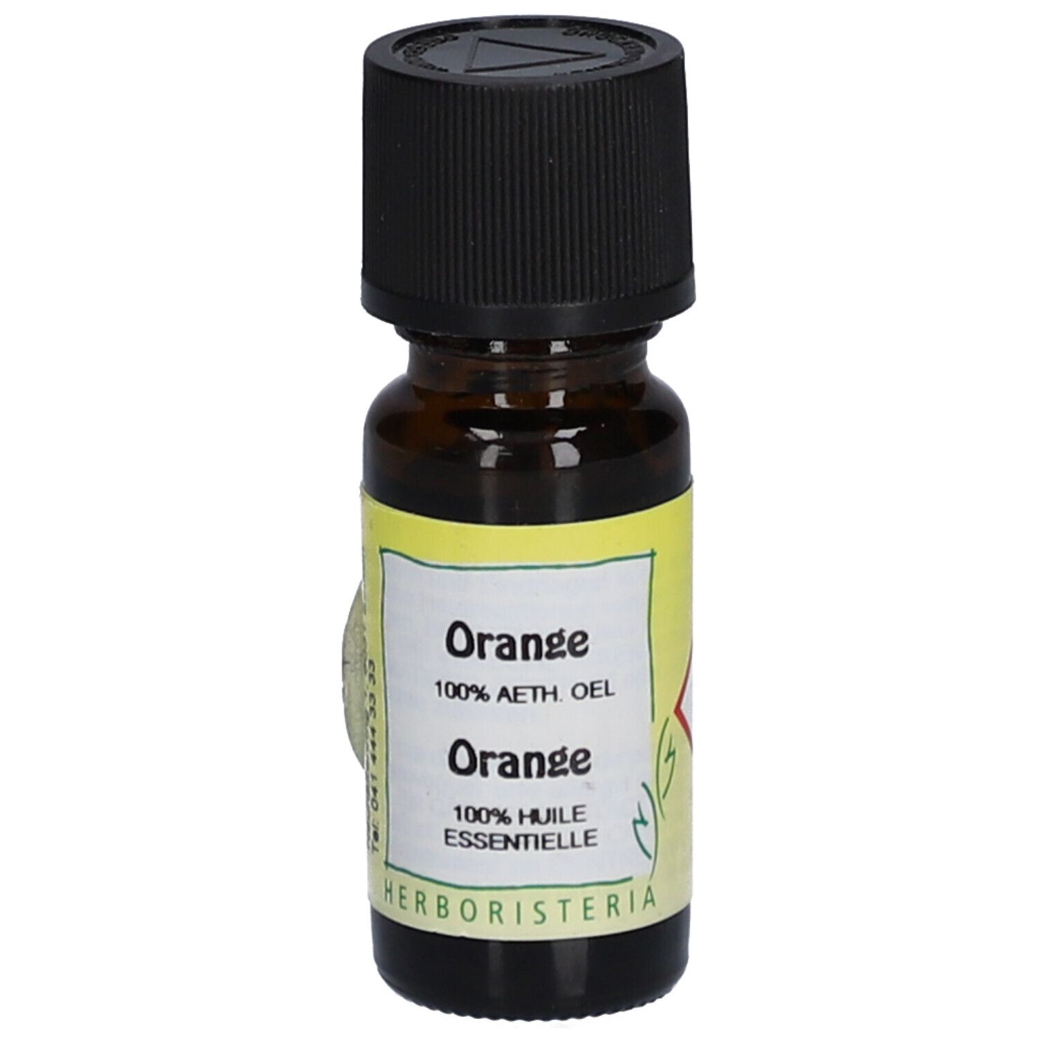 Braune Glasflasche mit schwarzem Deckel. Etikett mit Text: Orange, 100% AETH. OEL, 100% HUILE ESSENTIELLE. Marke: HERBORISTERIA.