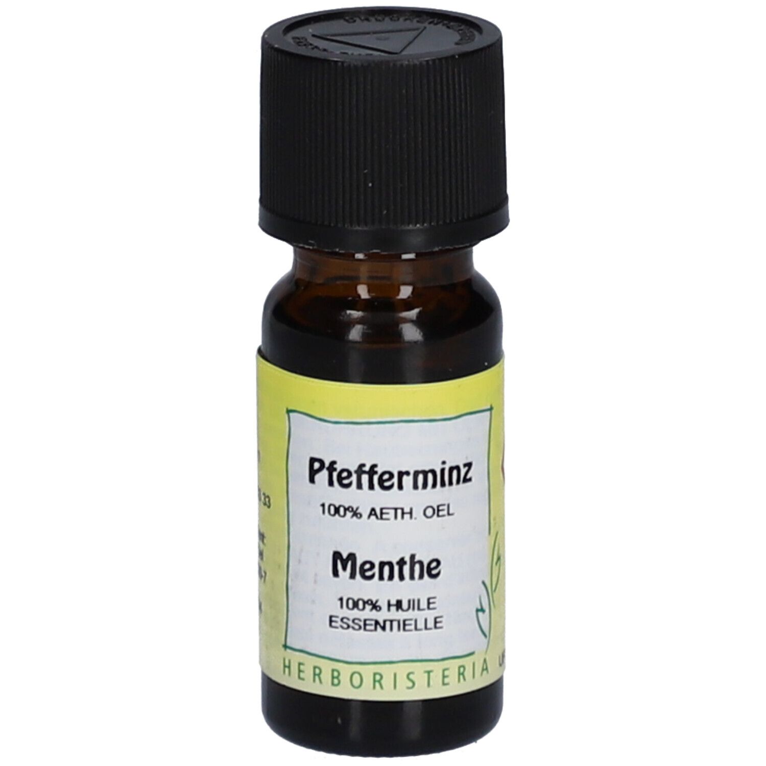 Braune Glasflasche mit schwarzem Deckel und gelbem Etikett. Beschriftung: Pfefferminz, Menthe, 100% ätherisches Öl.