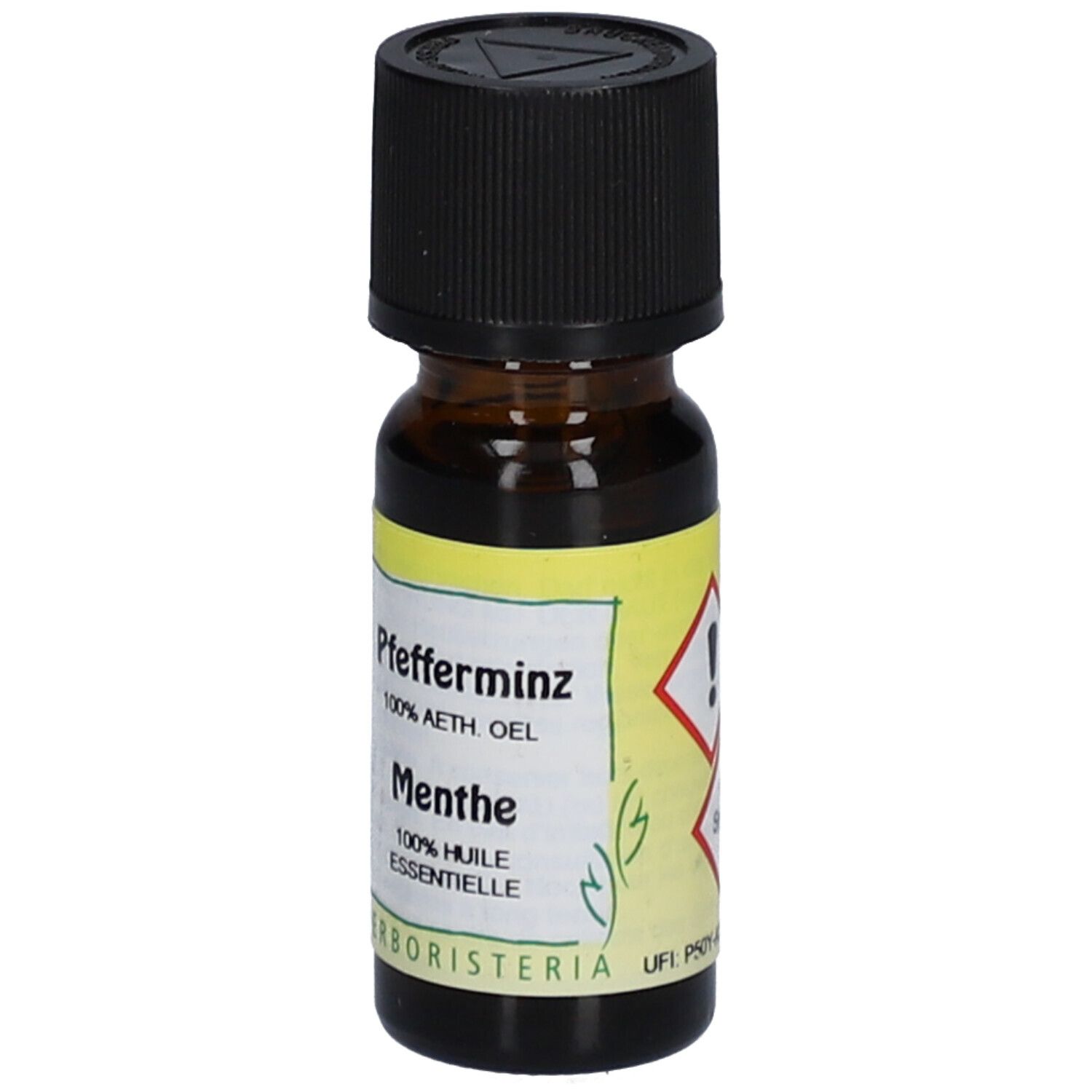 Braune Glasflasche mit schwarzem Deckel und gelbem Etikett. Beschriftung: Pfefferminz, Menthe, 100% ätherisches Öl.
