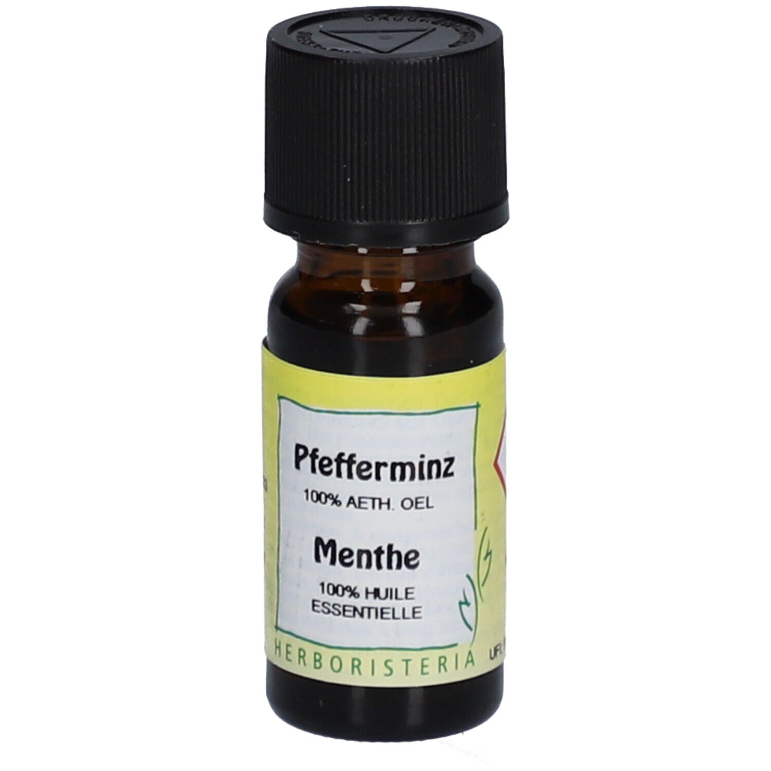 Braune Glasflasche mit schwarzem Deckel und gelbem Etikett. Beschriftung: Pfefferminz, Menthe, 100% ätherisches Öl.
