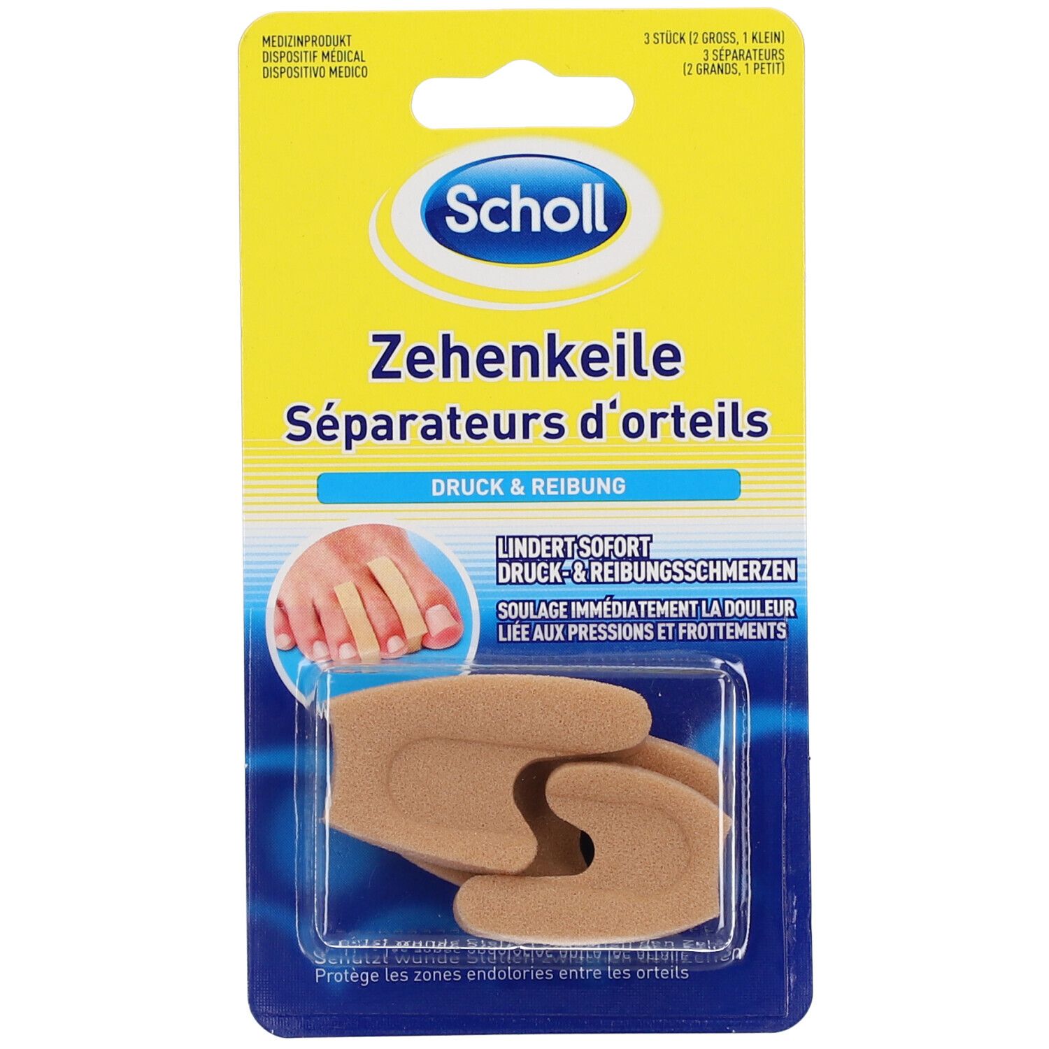 Emballage Scholl avec deux séparateurs d'orteils. Nom du produit et illustration sur fond jaune et bleu.