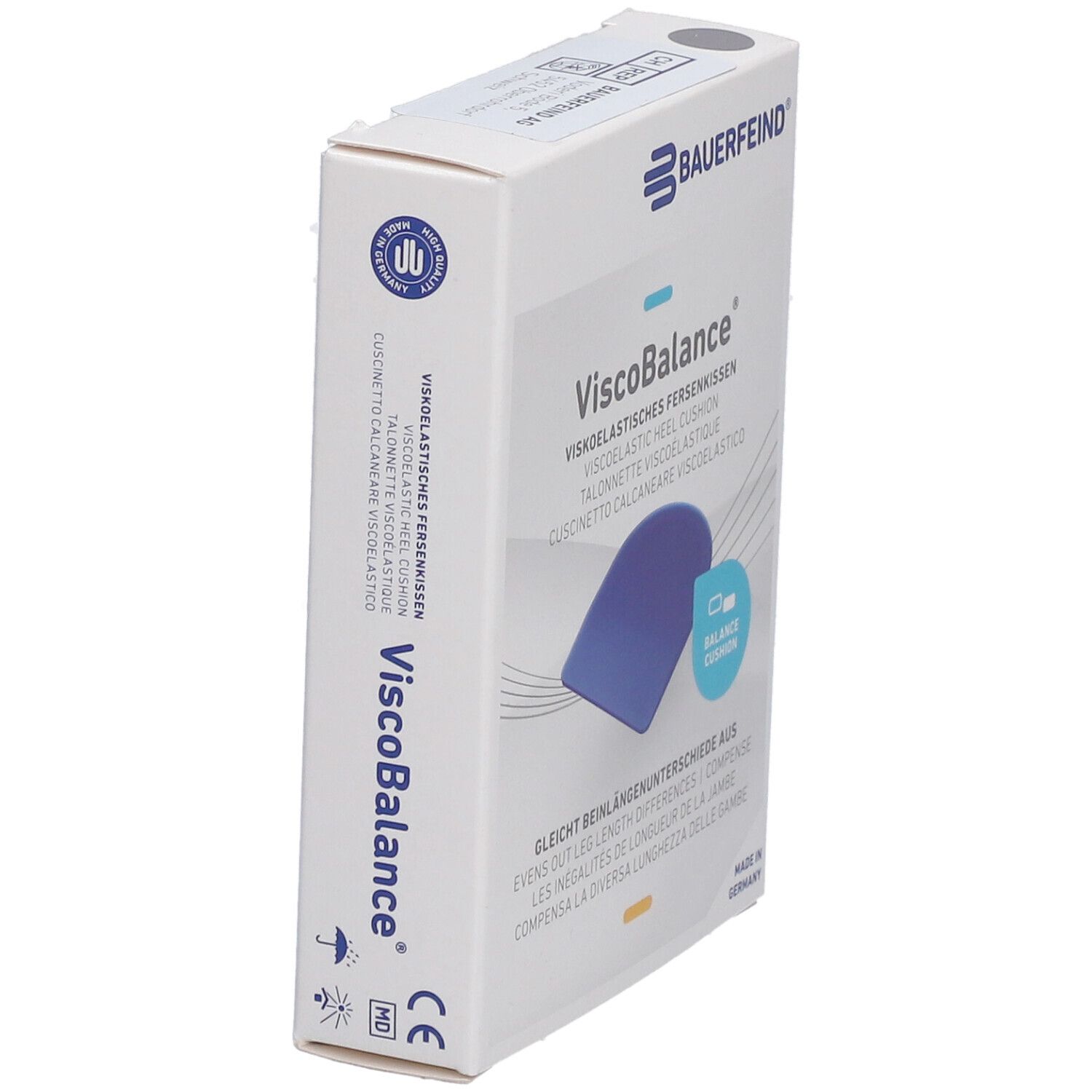 Boîte de coussinets talon ViscoBalance. Coussin bleu. Logo Bauerfeind et nom du produit.