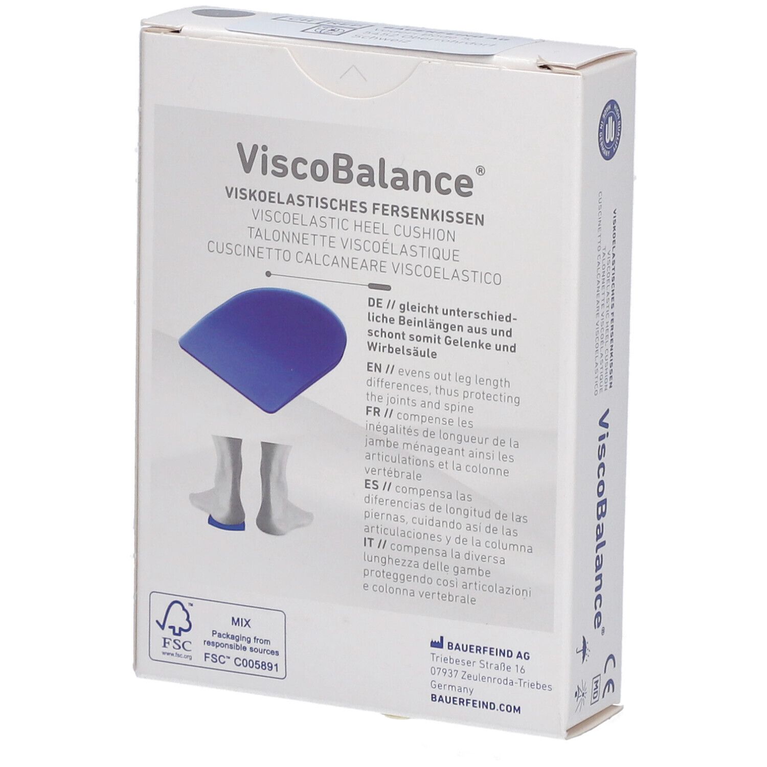Boîte de coussinets talon ViscoBalance. Coussin bleu. Texte: compense les inégalités de longueur de jambe.