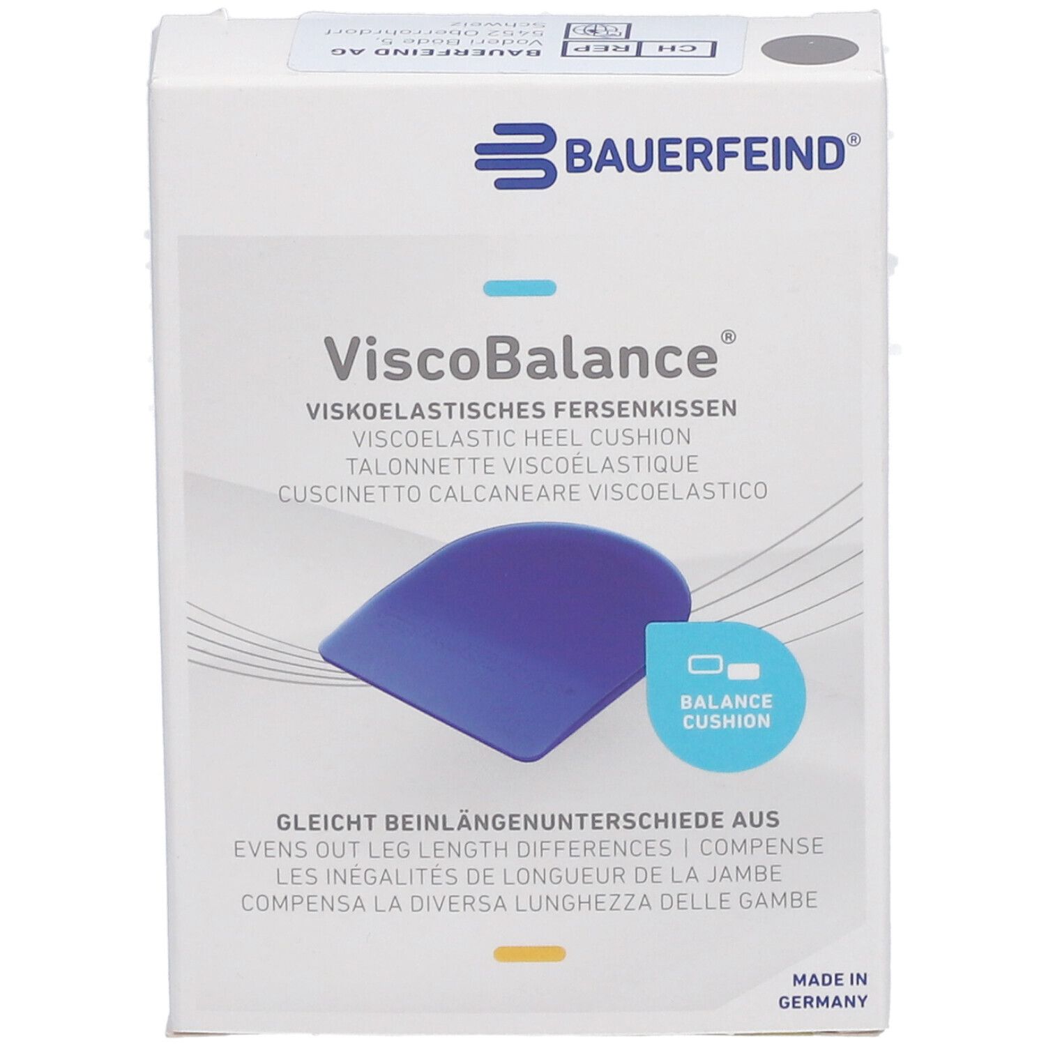 Boîte de coussinets talon ViscoBalance. Coussin bleu. Logo Bauerfeind et nom du produit.