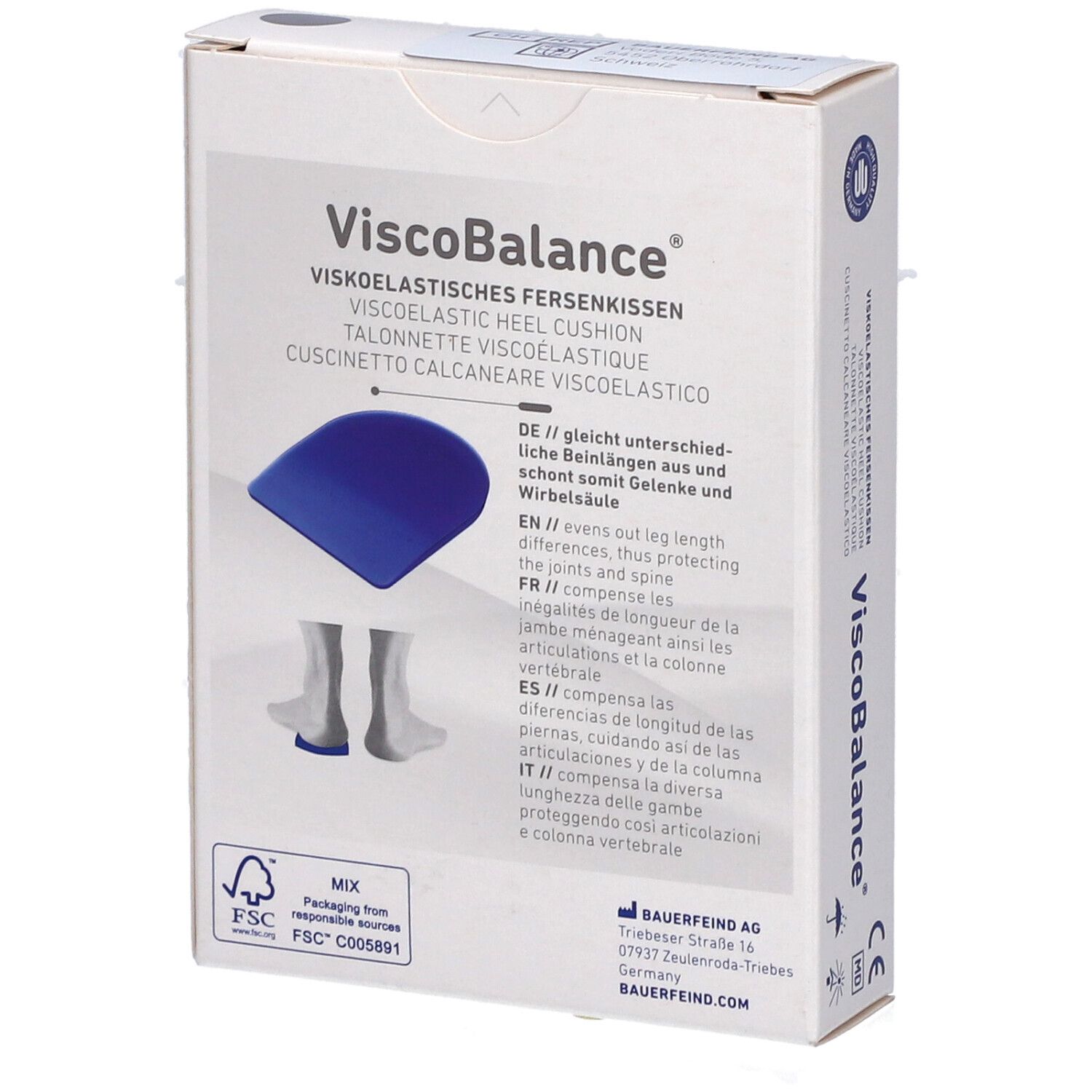 Boîte de coussinets talon ViscoBalance. Coussin bleu et pieds représentés. Texte: Coussinet talon viscoélastique. Marque Bauerfeind. Label FSC.