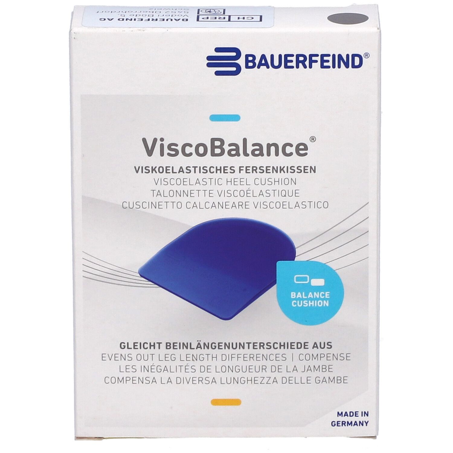 Boîte de coussinets talon ViscoBalance. Coussin bleu représenté. Texte: Coussinet talon viscoélastique, compense les inégalités de longueur de jambe. Marque Bauerfeind.