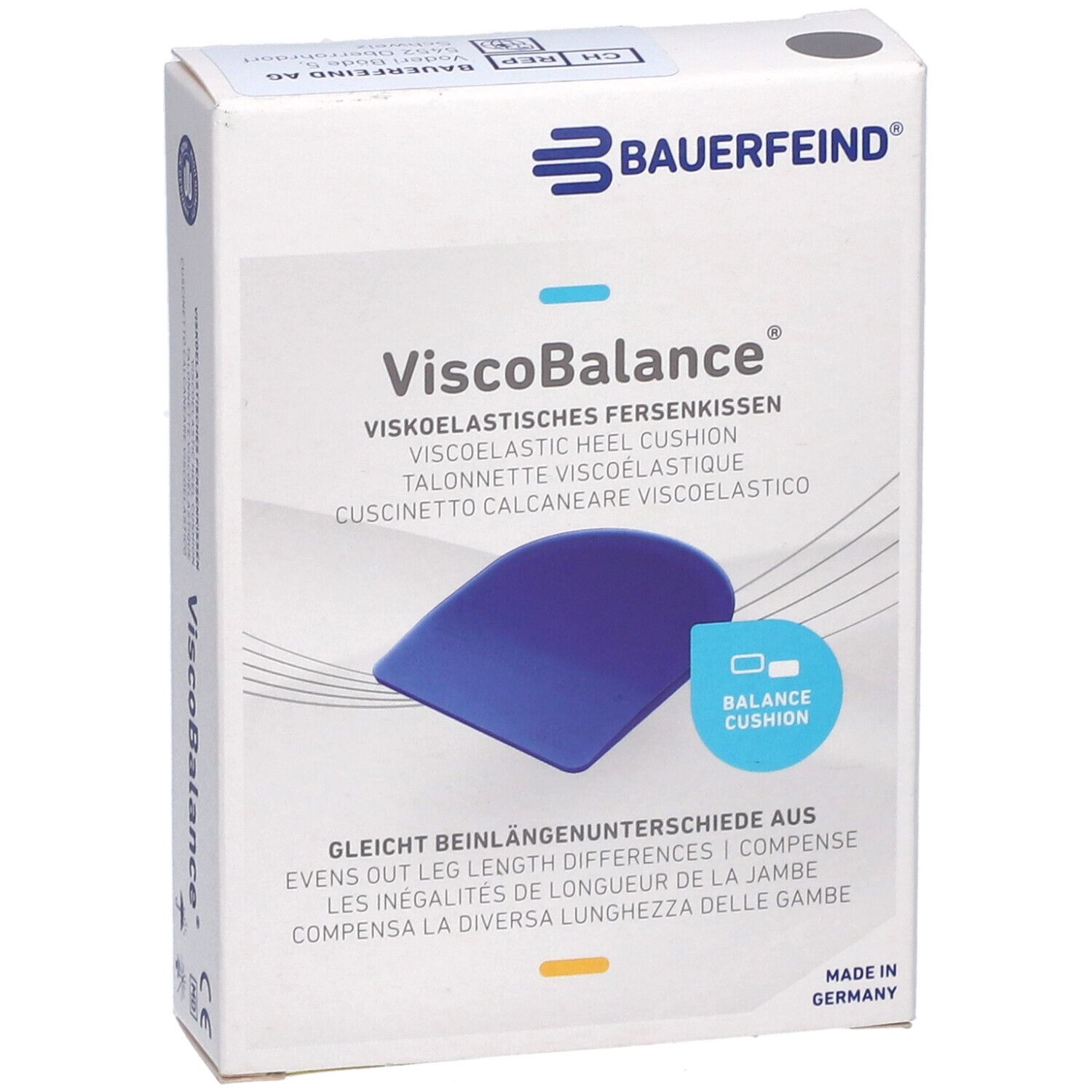 Boîte de coussinets talon ViscoBalance. Coussin bleu représenté. Texte: Coussinet talon viscoélastique, compense les inégalités de longueur de jambe. Marque Bauerfeind.