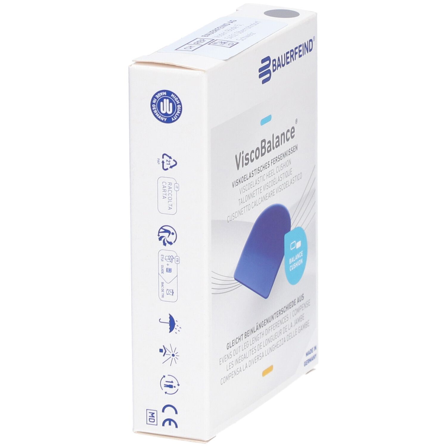 Verpackung Viscobalance Fersenkissen. Seitenansicht. Text: Bauerfeind, ViscoBalance. Logos und Piktogramme. Made in Germany.