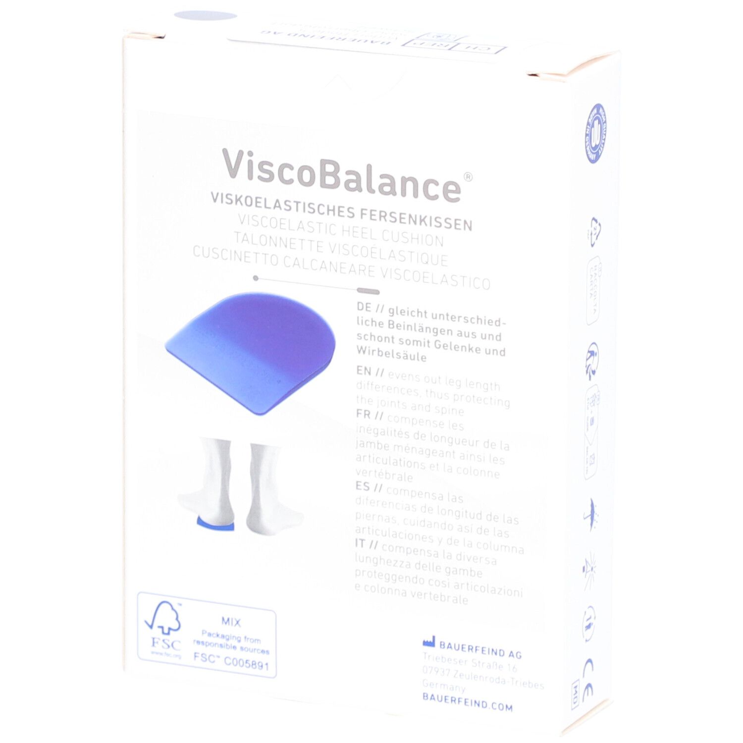 Rückseite der Verpackung Viscobalance Fersenkissen. Text: ViscoBalance, viskoelastisches Fersenkissen. Illustrationen von Füßen.