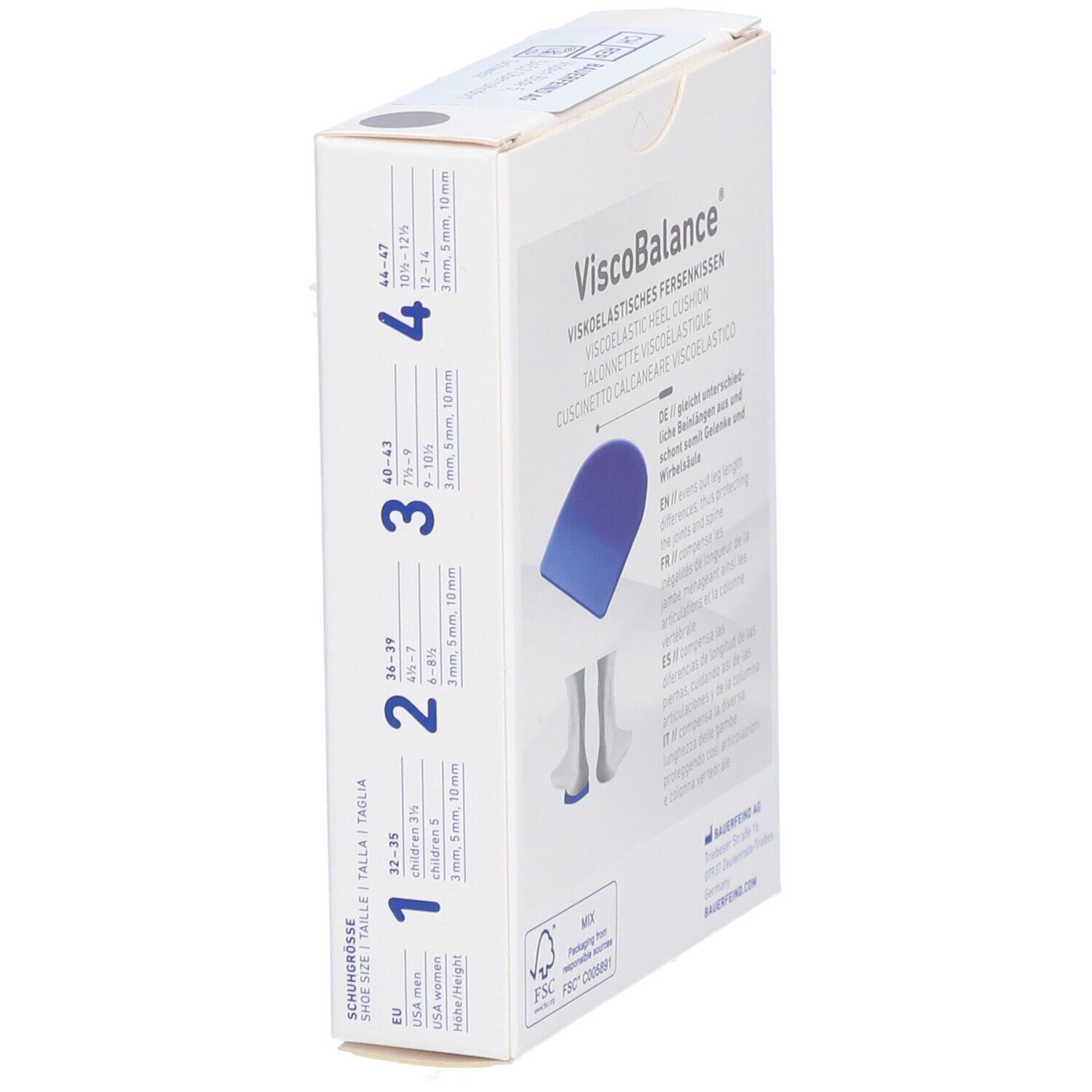 Verpackung Viscobalance Fersenkissen. Größenangaben: Schuhgröße, 32-35, 36-39, 40-43, 44-47. Text: ViscoBalance.