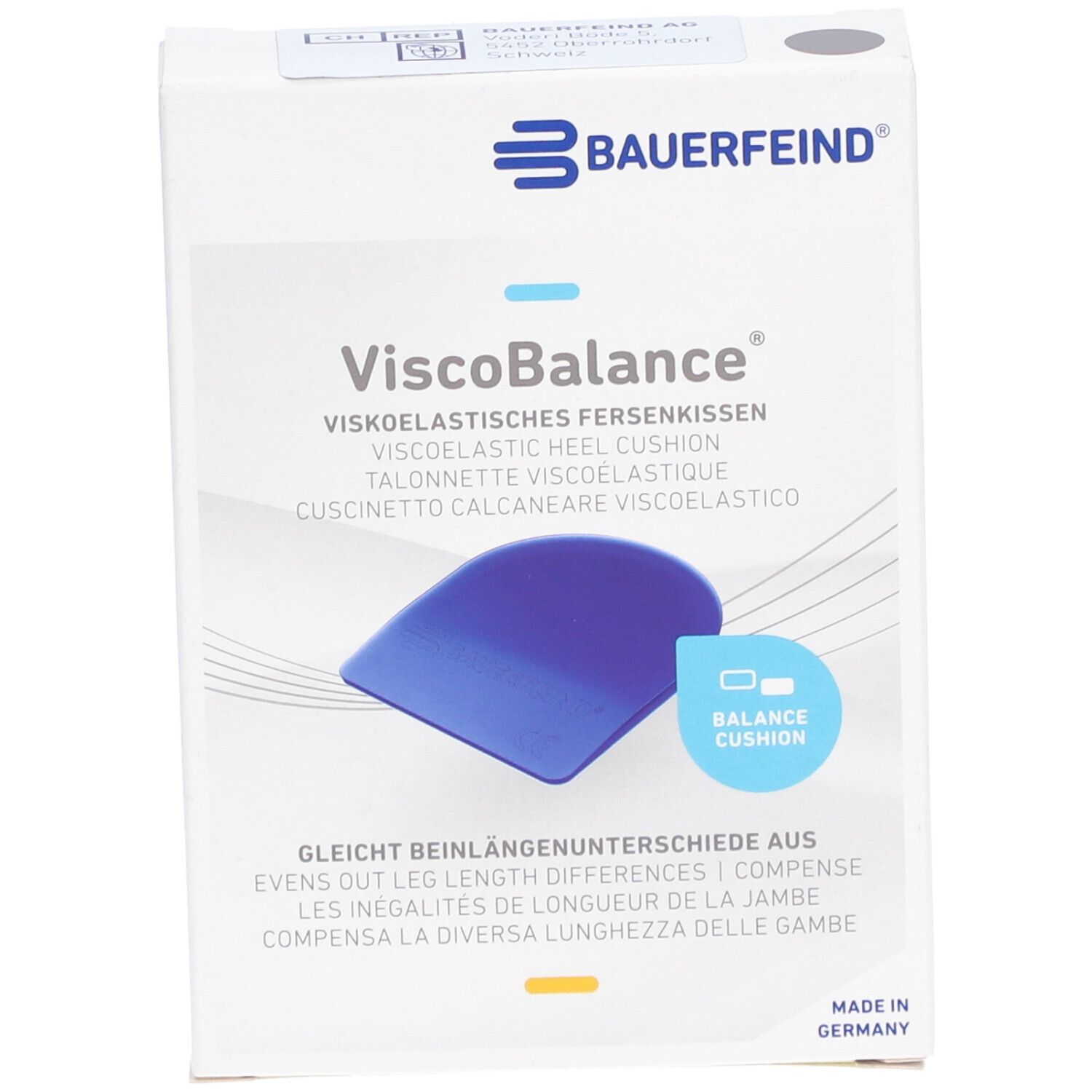 Verpackung Viscobalance Fersenkissen. Blaues Kissen abgebildet. Text: Bauerfeind, ViscoBalance, gleicht Beinlängenunterschiede aus.