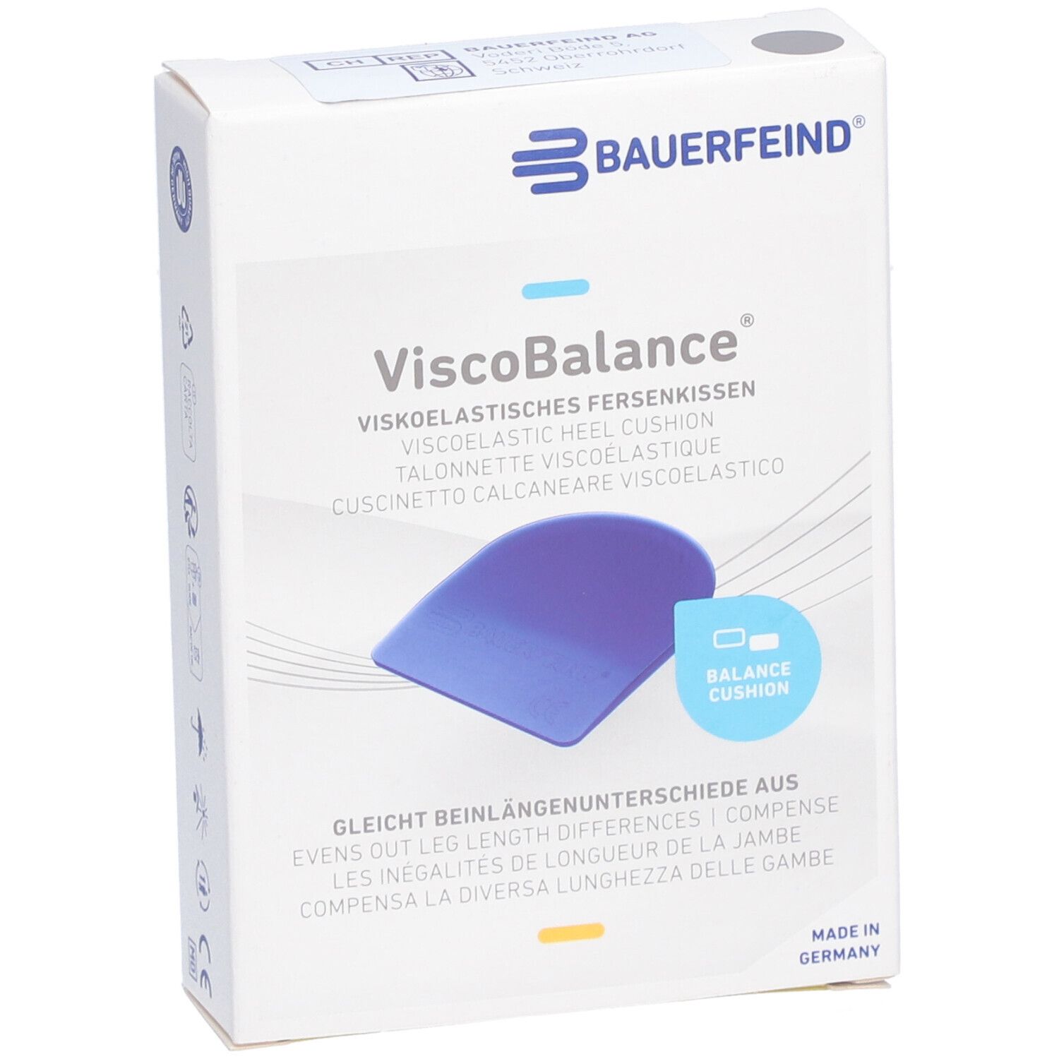 Verpackung Viscobalance Fersenkissen. Blaues Kissen abgebildet. Text: Bauerfeind, ViscoBalance, gleicht Beinlängenunterschiede aus.
