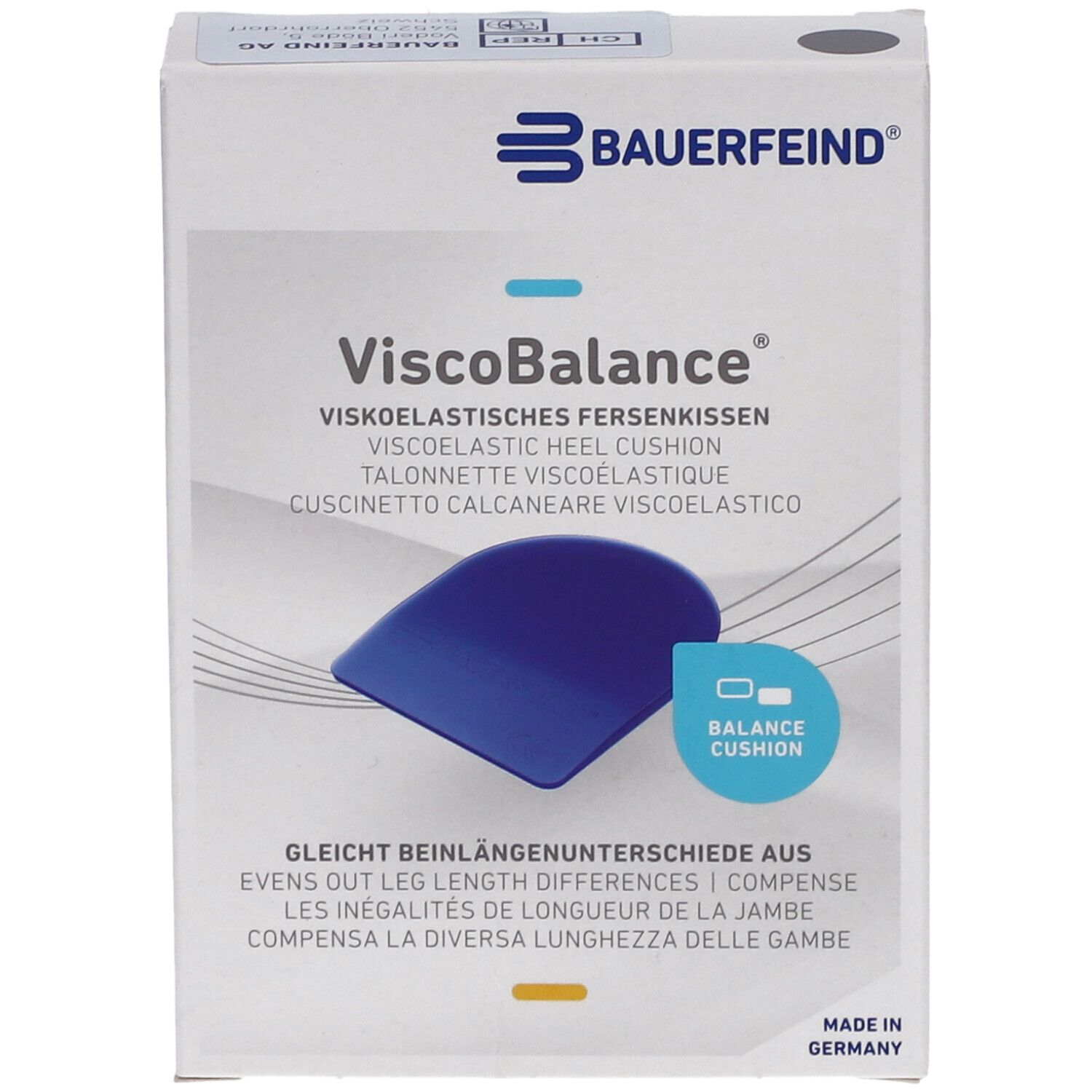 Boîte VISCOBALANCE. Symbole coussin talon bleu. Texte: Coussin talon viscoélastique, compense les inégalités de longueur de jambe.