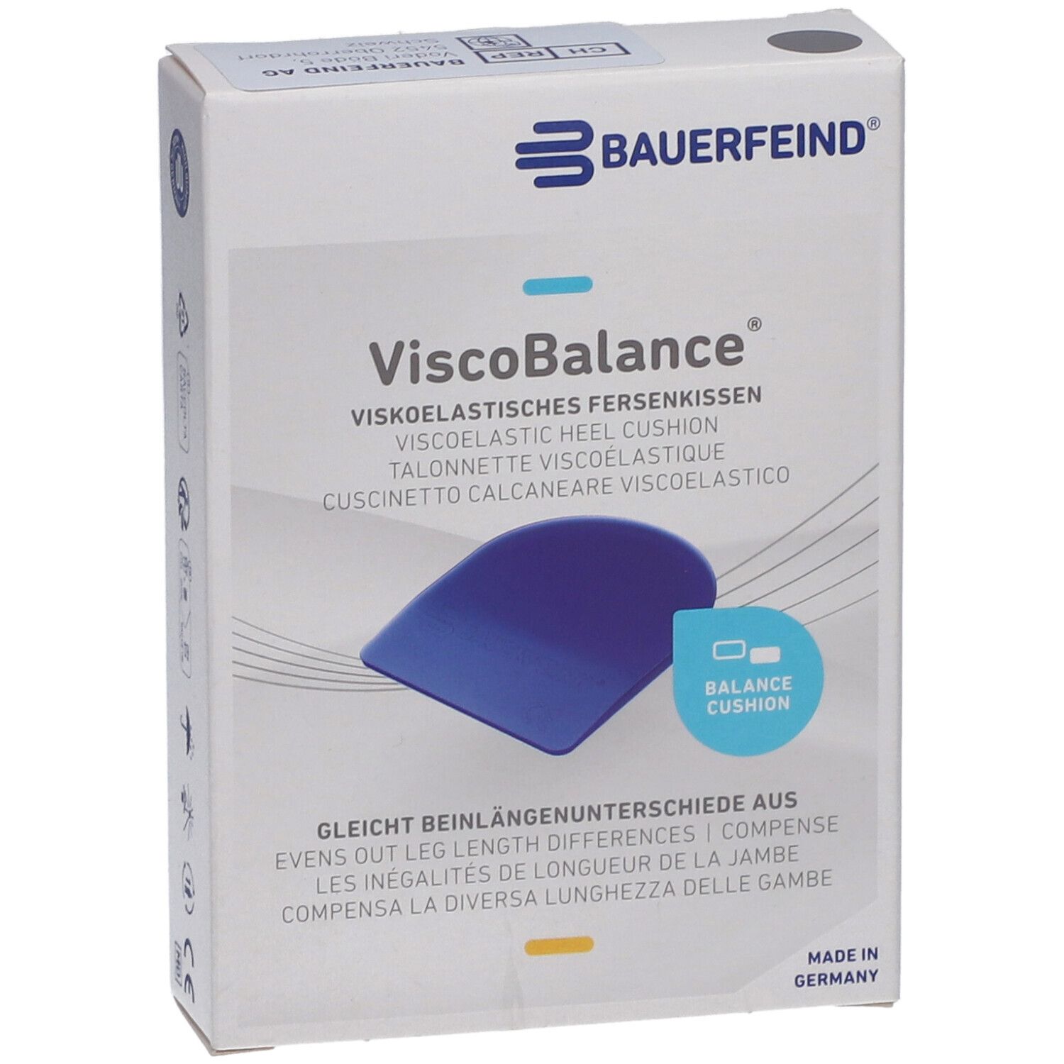 Boîte VISCOBALANCE. Symbole coussin talon bleu. Texte: Coussin talon viscoélastique, compense les inégalités de longueur de jambe.