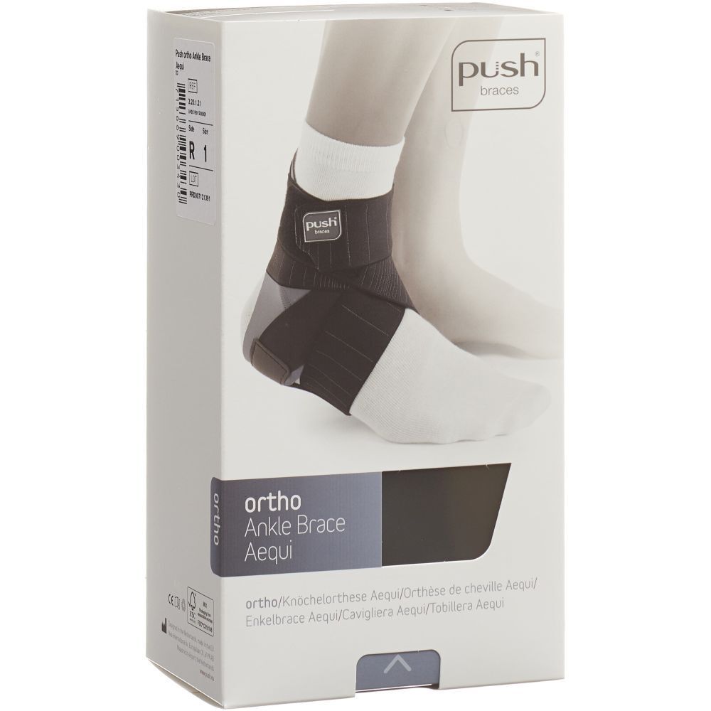 Knöchelorthese in Verpackung. Grau-schwarz. Marke Push. Produktname: Aequi. Aufdruck: Orthesen-Abbildung.