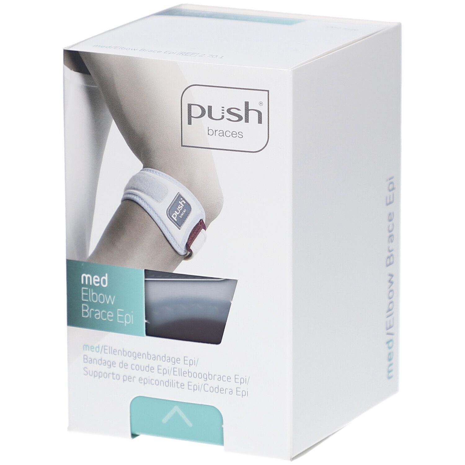 Verpackung der Push med Ellenbogenbandage Epi. Aufdruck: Push braces, med Elbow Brace Epi. Abbildung eines Ellenbogens mit Bandage.