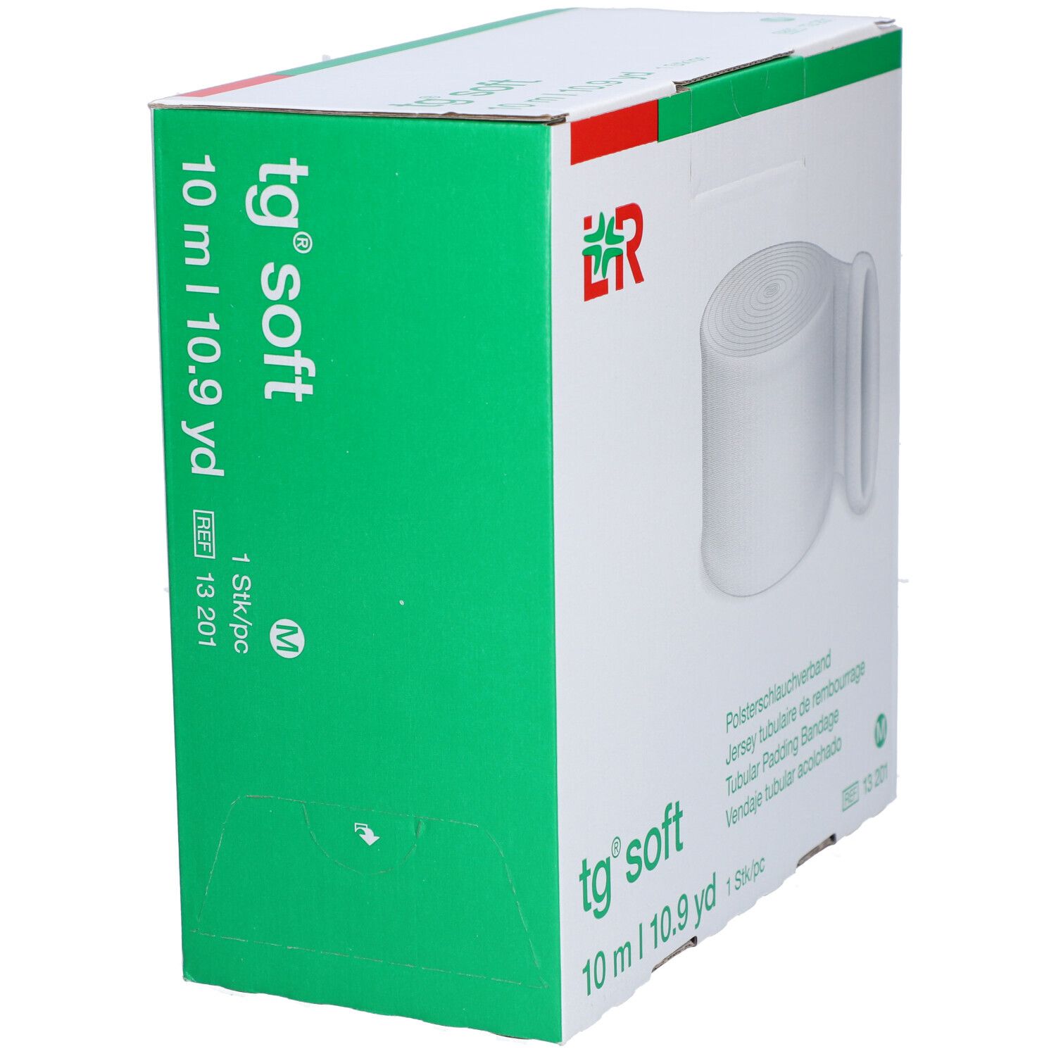 Verpackung mit weißem Polsterschlauchverband. Aufdruck: tg soft, 10 m, 1 Stk/pc. Logo L&R.
