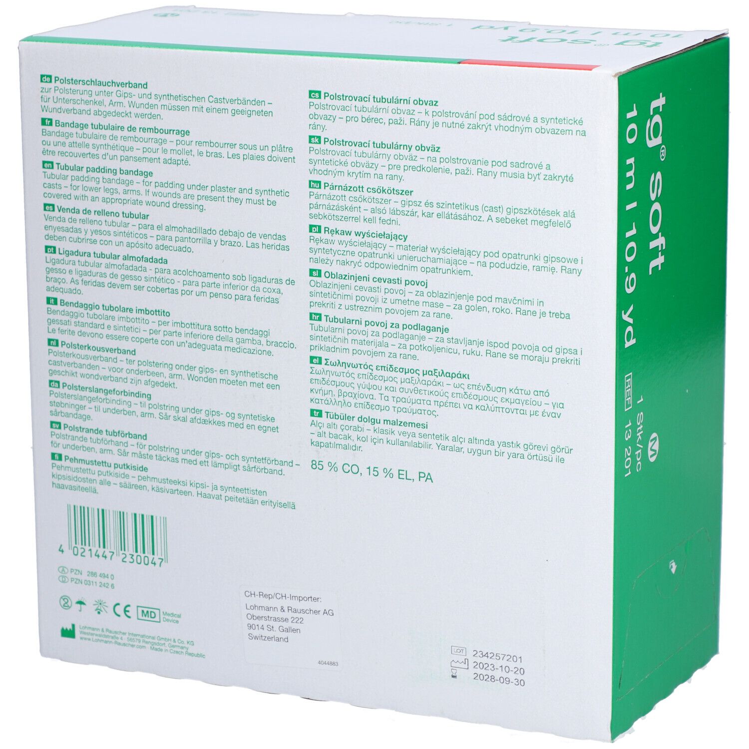 Rückseite der Verpackung mit Text in mehreren Sprachen. Aufdruck: tg soft, 10 m. Logo L&R.