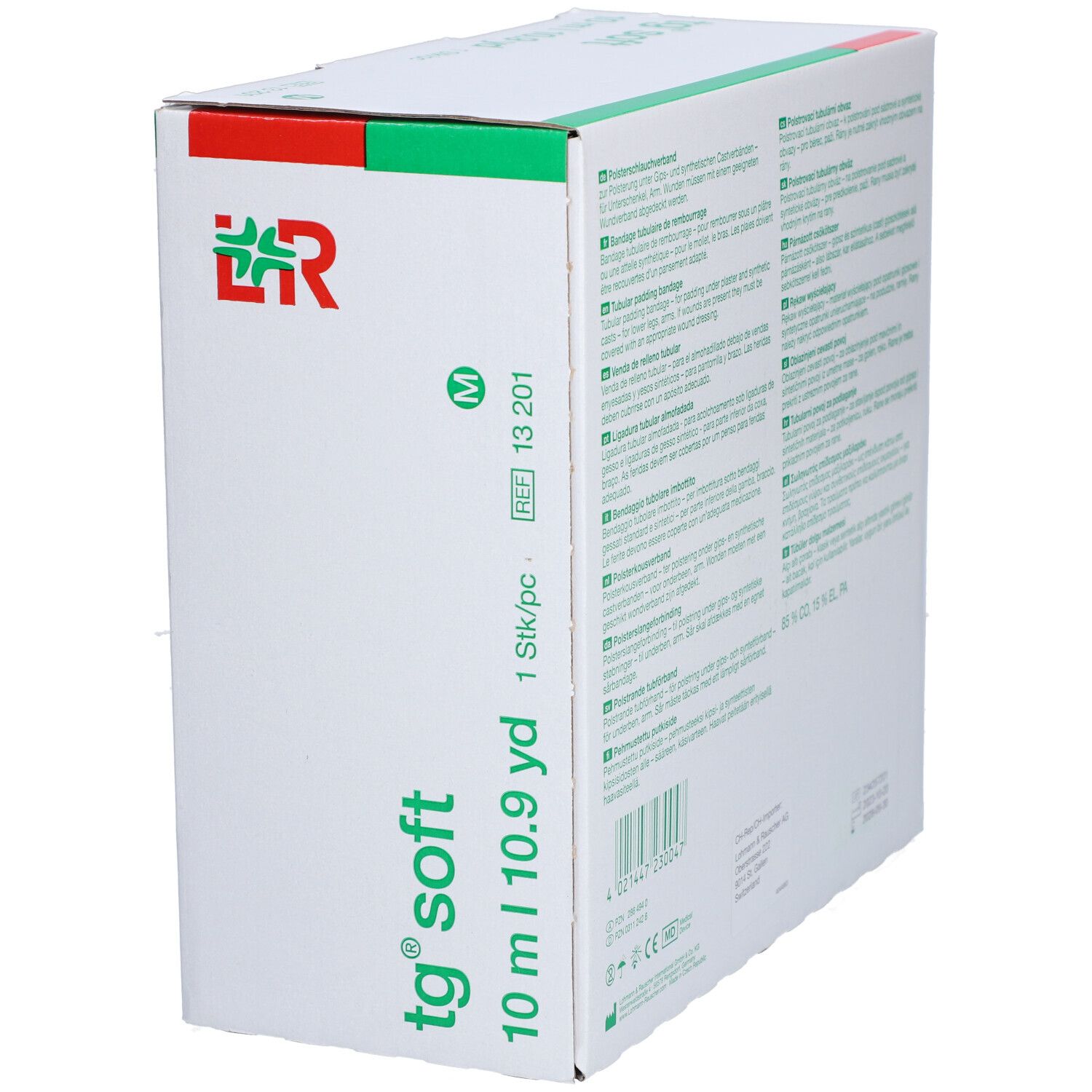 Verpackung mit weißem Polsterschlauchverband. Aufdruck: tg soft, 10 m, 1 Stk/pc. Logo L&R.
