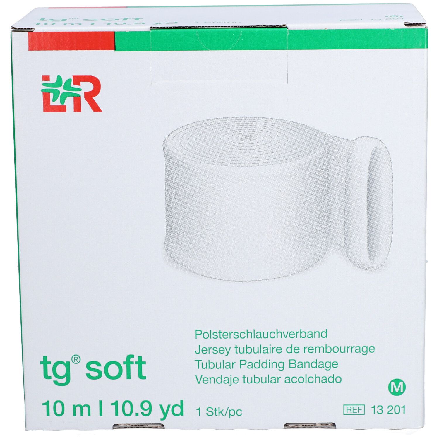 Verpackung mit weißem Polsterschlauchverband. Aufdruck: tg soft, 10 m, 1 Stk/pc. Logo L&R.
