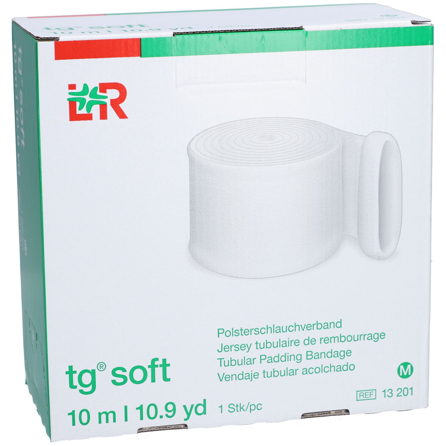 Verpackung mit weißem Polsterschlauchverband. Aufdruck: tg soft, 10 m, 1 Stk/pc. Logo L&R.