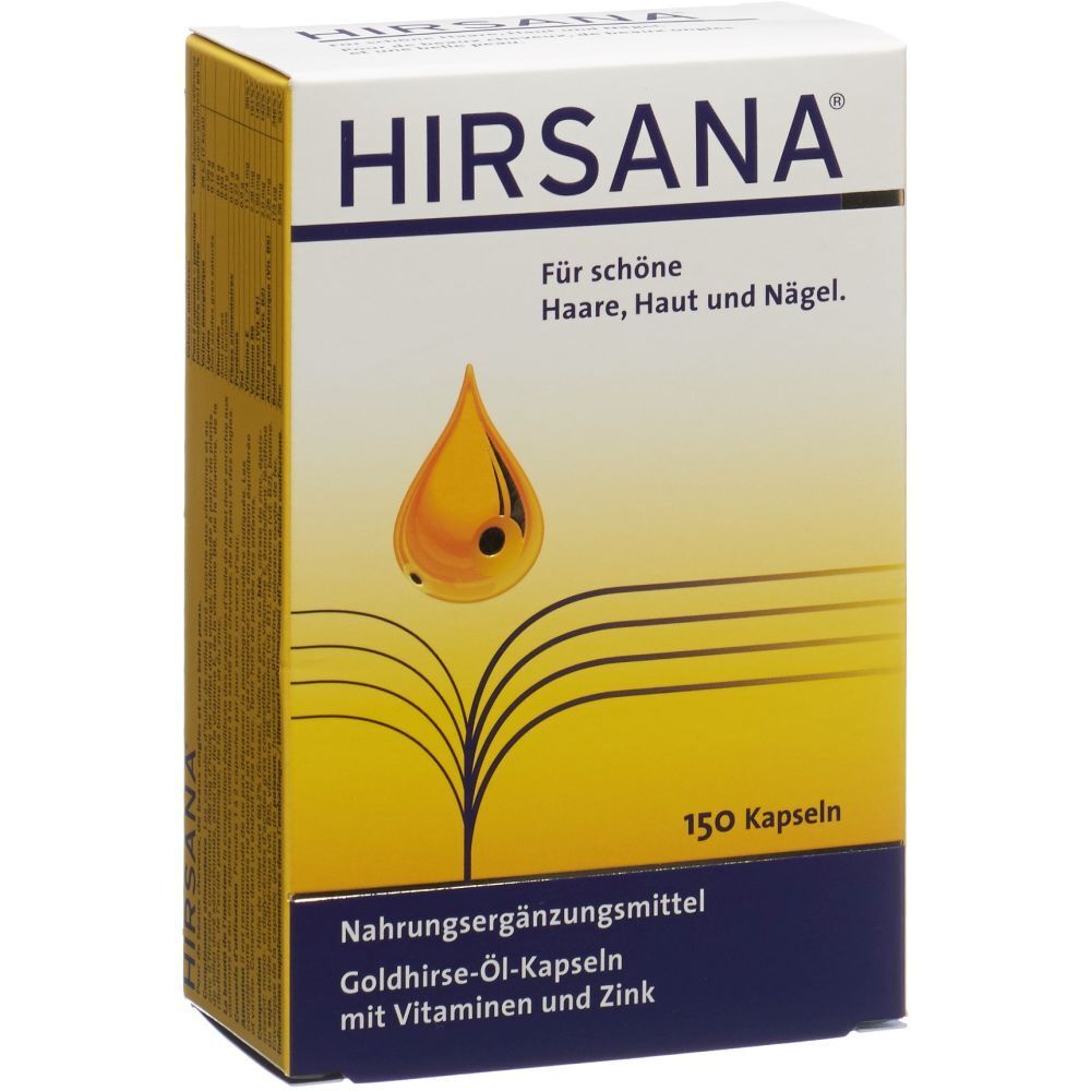 HIRSANA-Verpackung. Aufschrift: Für schöne Haare, Haut und Nägel. Goldhirse-Öl-Kapseln mit Vitaminen und Zink. 150 Kapseln.