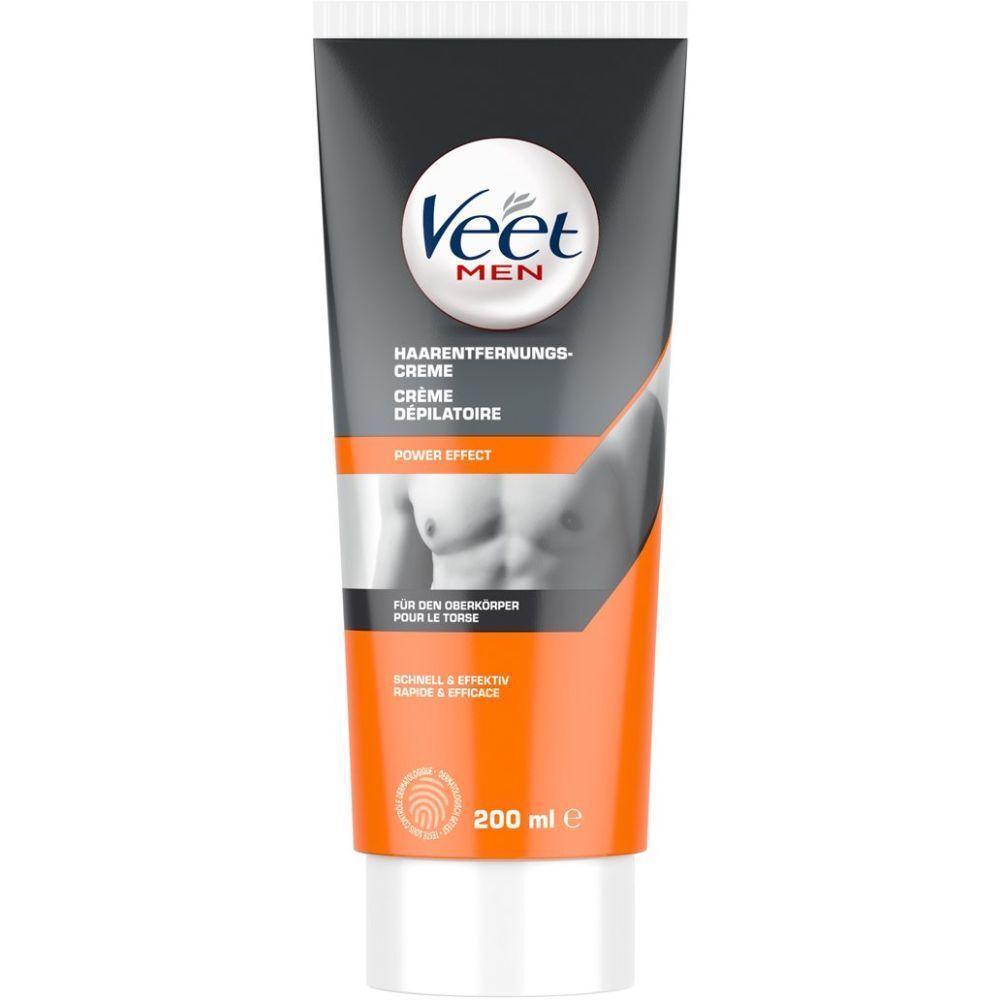Veet MEN Enthaarungscreme-Tube. Schwarzer und orangefarbener Hintergrund. Text: "Power Effect", "Für den Oberkörper".