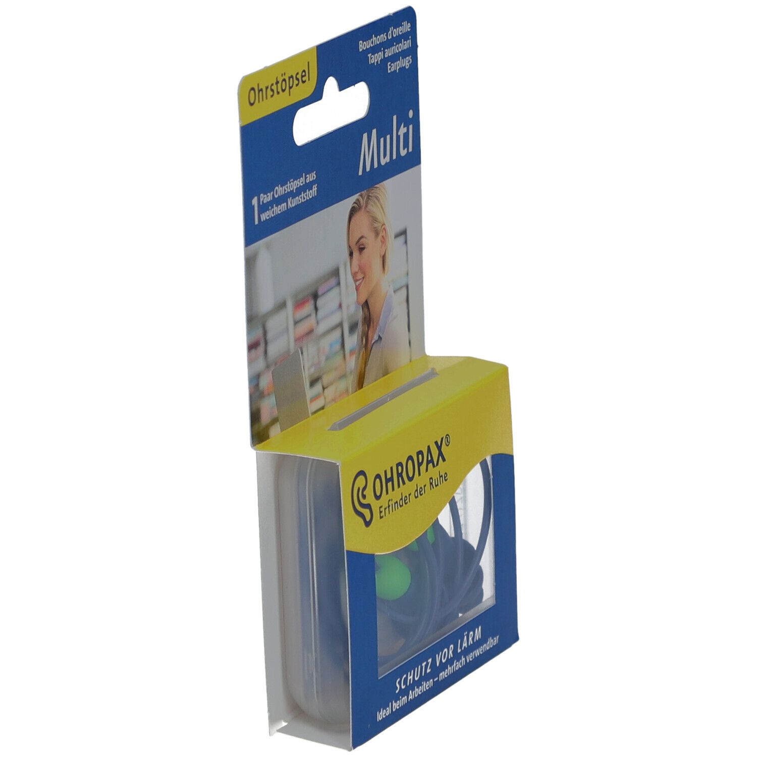 OHROPAX Multi Gehörschutzstöpsel-Verpackung. Gehörschutz sichtbar. Verpackung mit Fenster, Produkt teilweise sichtbar.