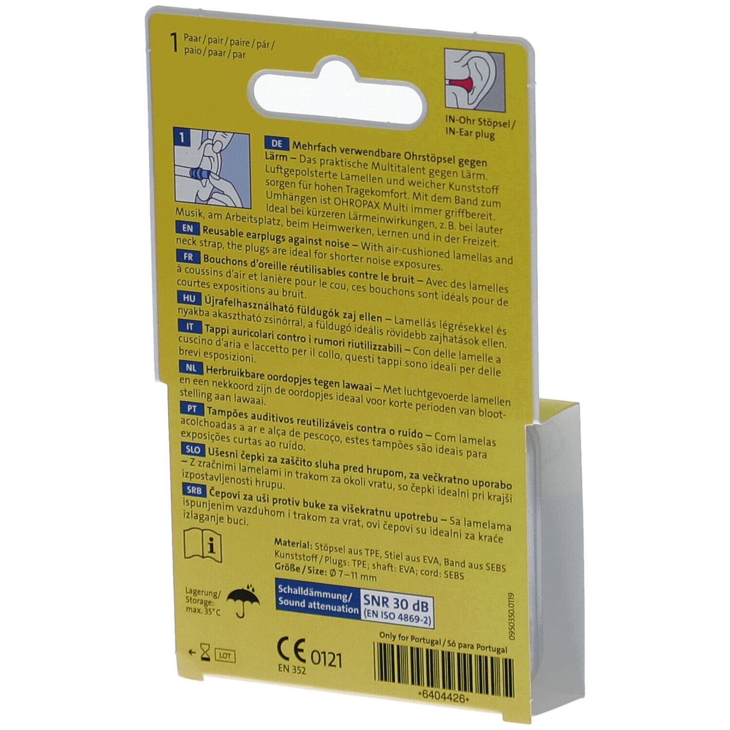 Rückseite der OHROPAX Multi Verpackung. Mehrsprachige Produktinformationen. CE-Kennzeichnung und SNR 30 dB.