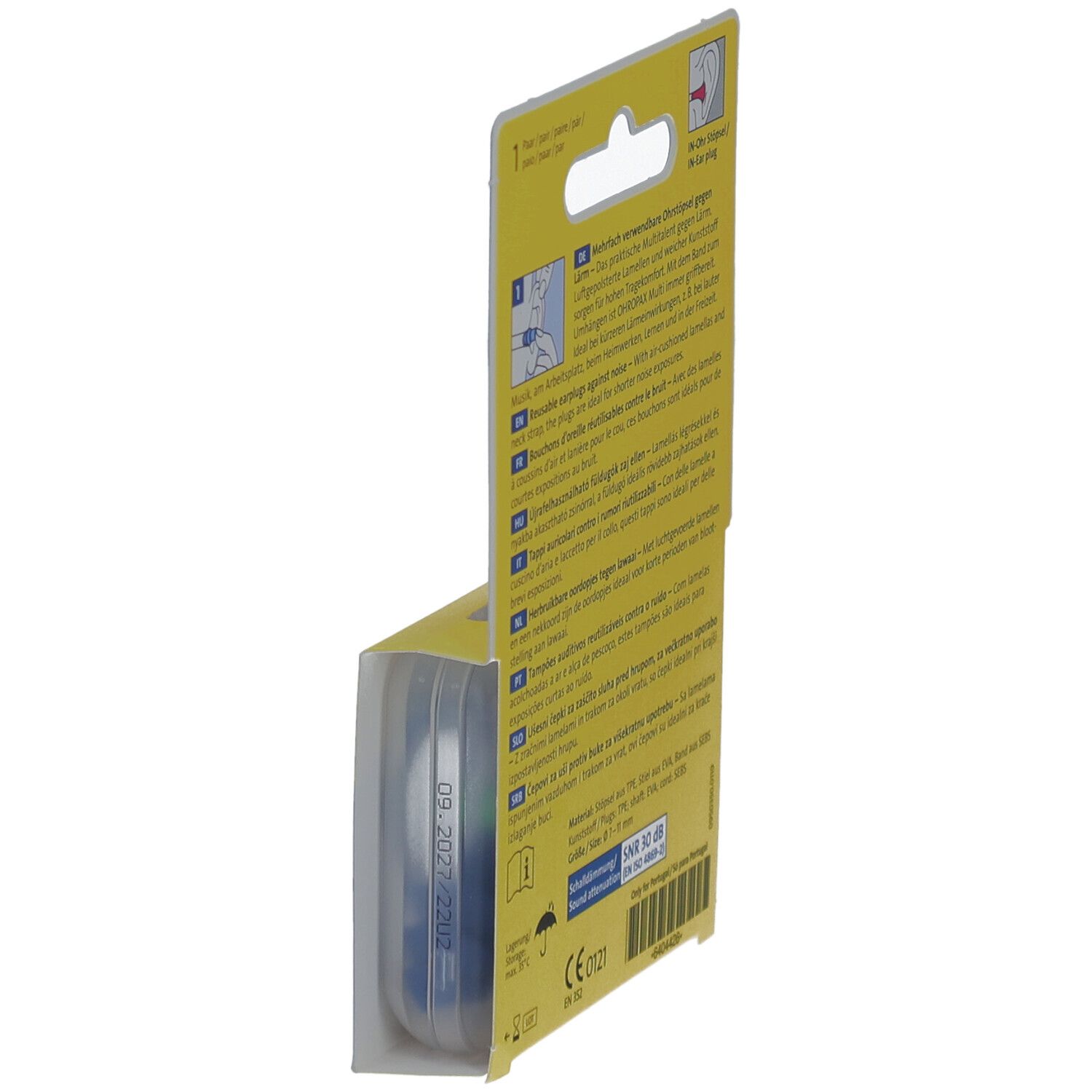 Seitenansicht der OHROPAX Multi Verpackung. Produktinformationen und CE-Kennzeichnung.