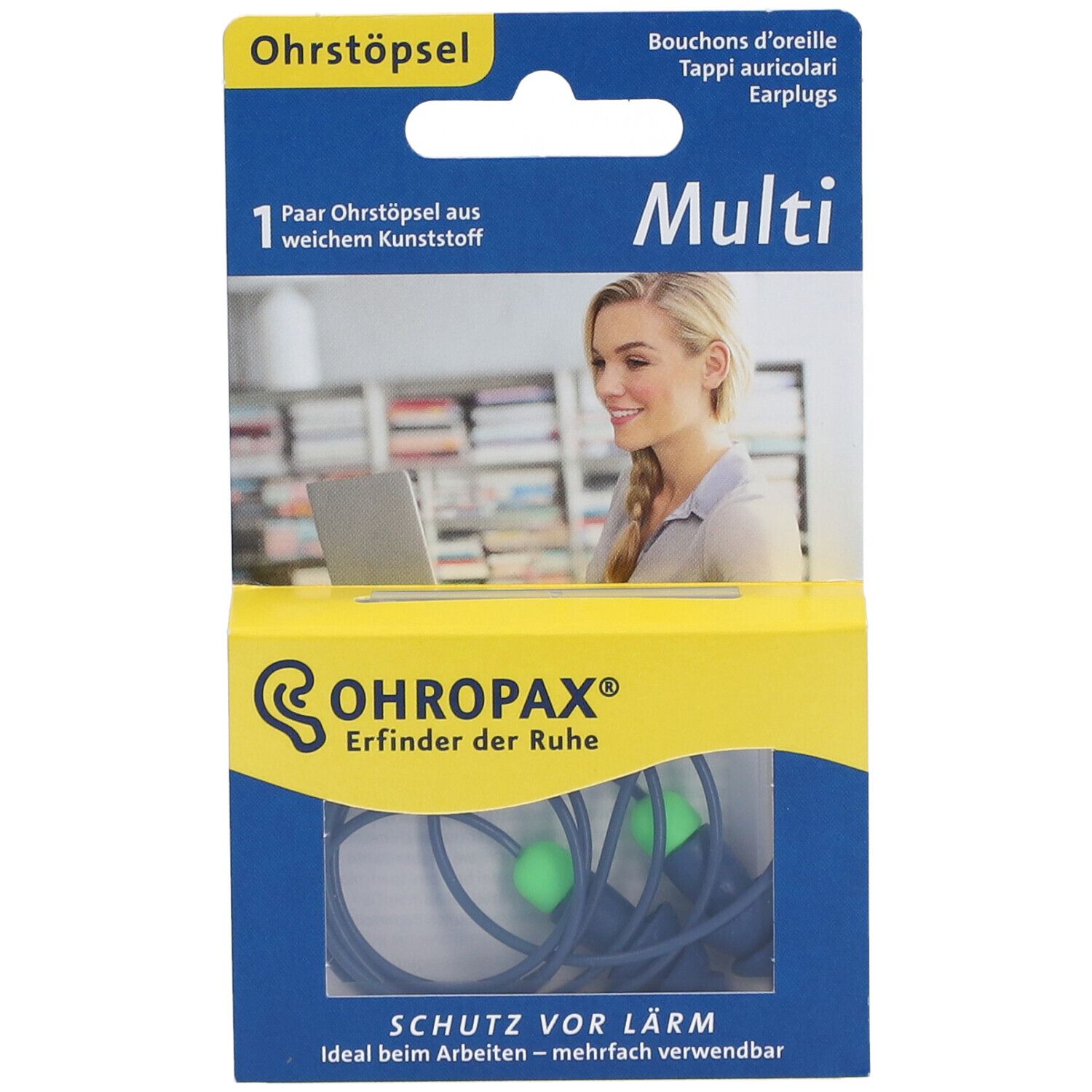 OHROPAX Multi Gehörschutzstöpsel-Verpackung. Enthält Ohrstöpsel aus weichem Kunststoff. Frau mit Laptop im Hintergrund.