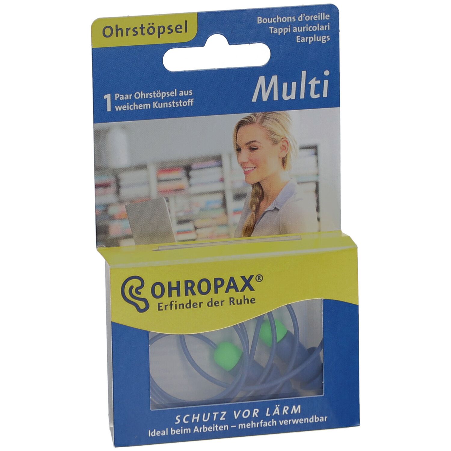 OHROPAX Multi Gehörschutzstöpsel-Verpackung. Enthält Ohrstöpsel aus weichem Kunststoff. Produktname und Logo.