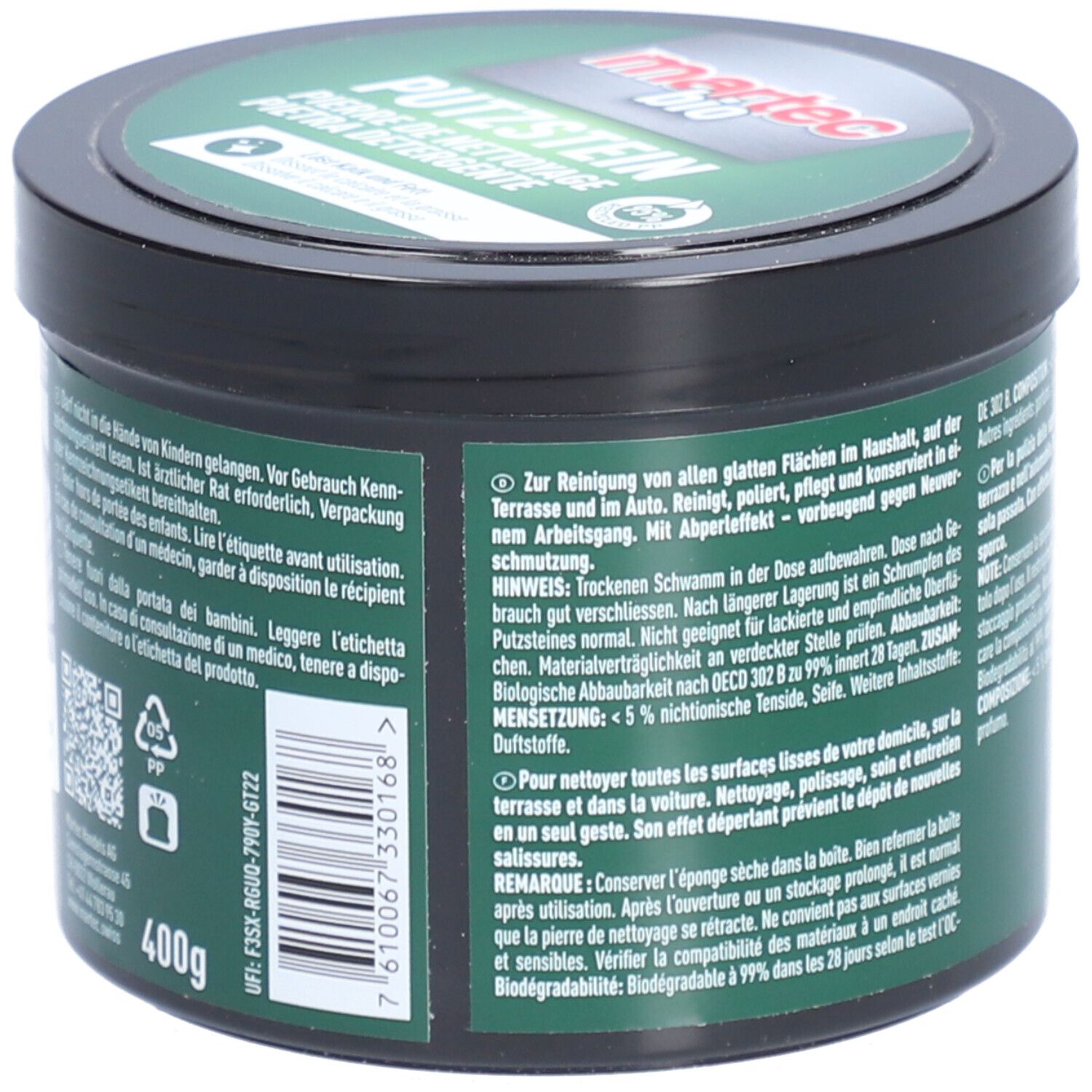 Pot met tekst in het Duits en Frans. Bevat informatie over gebruik, waarschuwingen en ingrediënten. 400g.