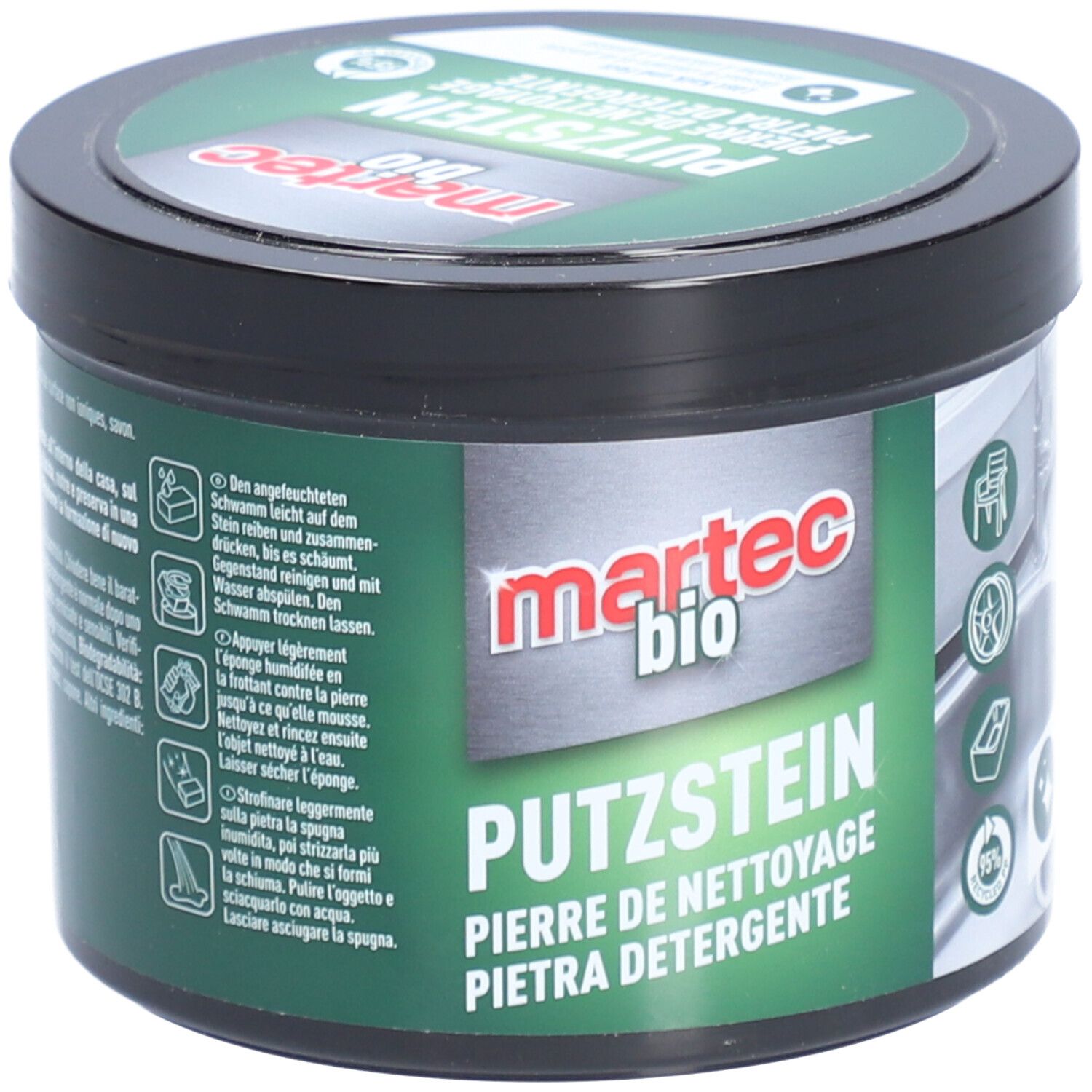 Ronde pot met deksel. Opschrift: martec bio PUTZSTEIN. Groen-wit etiket met productinformatie en pictogrammen.