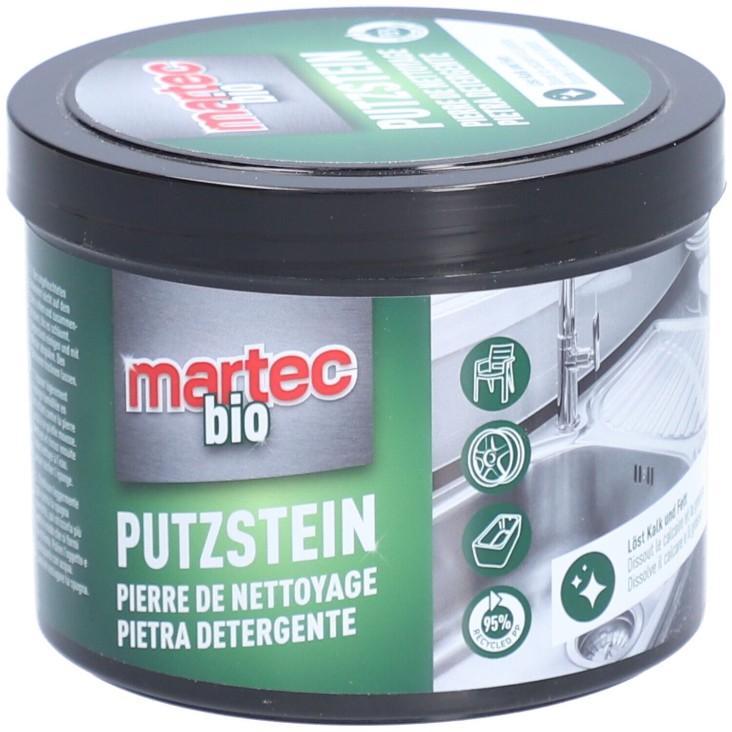 Ronde pot met deksel. Opschrift: martec bio PUTZSTEIN. Groen-wit etiket met productinformatie en pictogrammen. 95% gerecycled.