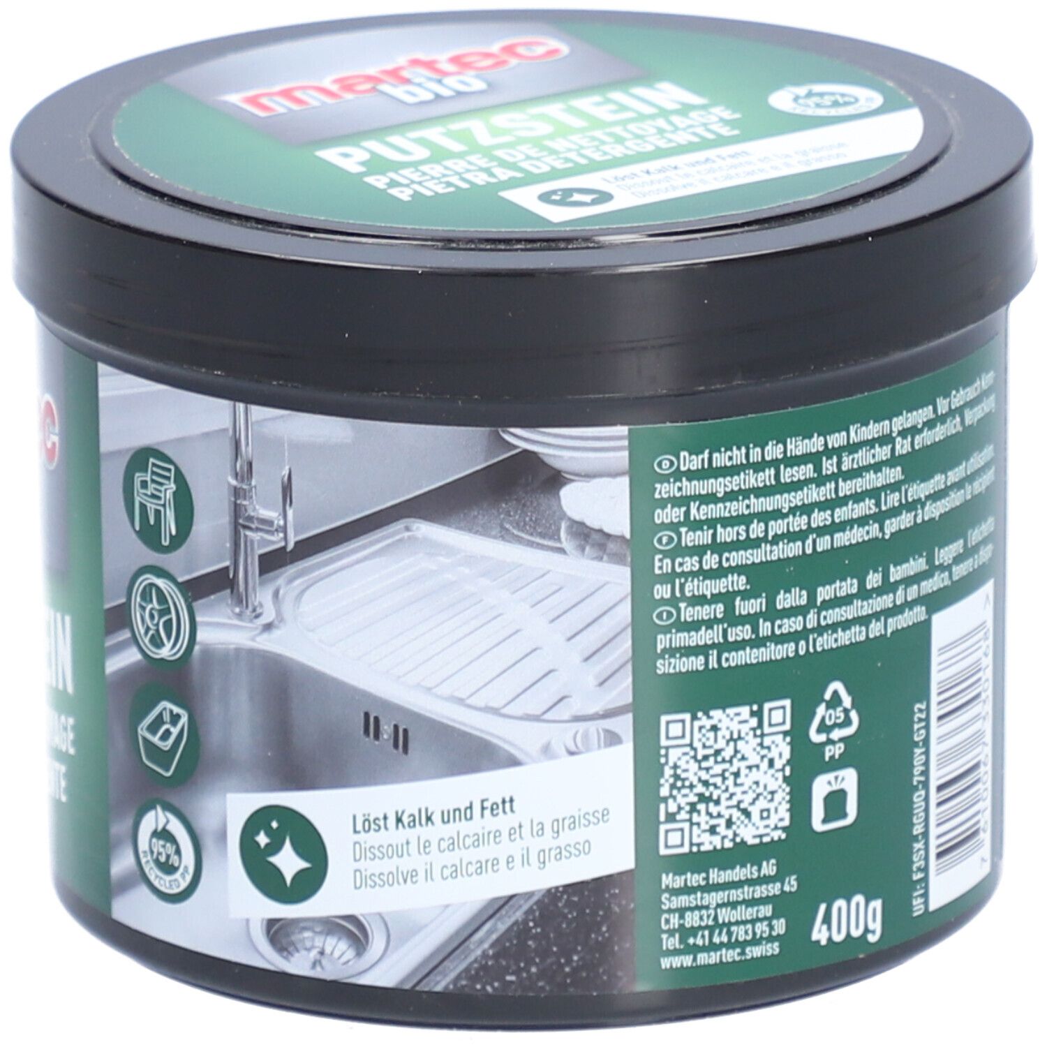 Pot met tekst in het Duits en Frans. Bevat informatie over gebruik, waarschuwingen en ingrediënten. 400g. QR-code.