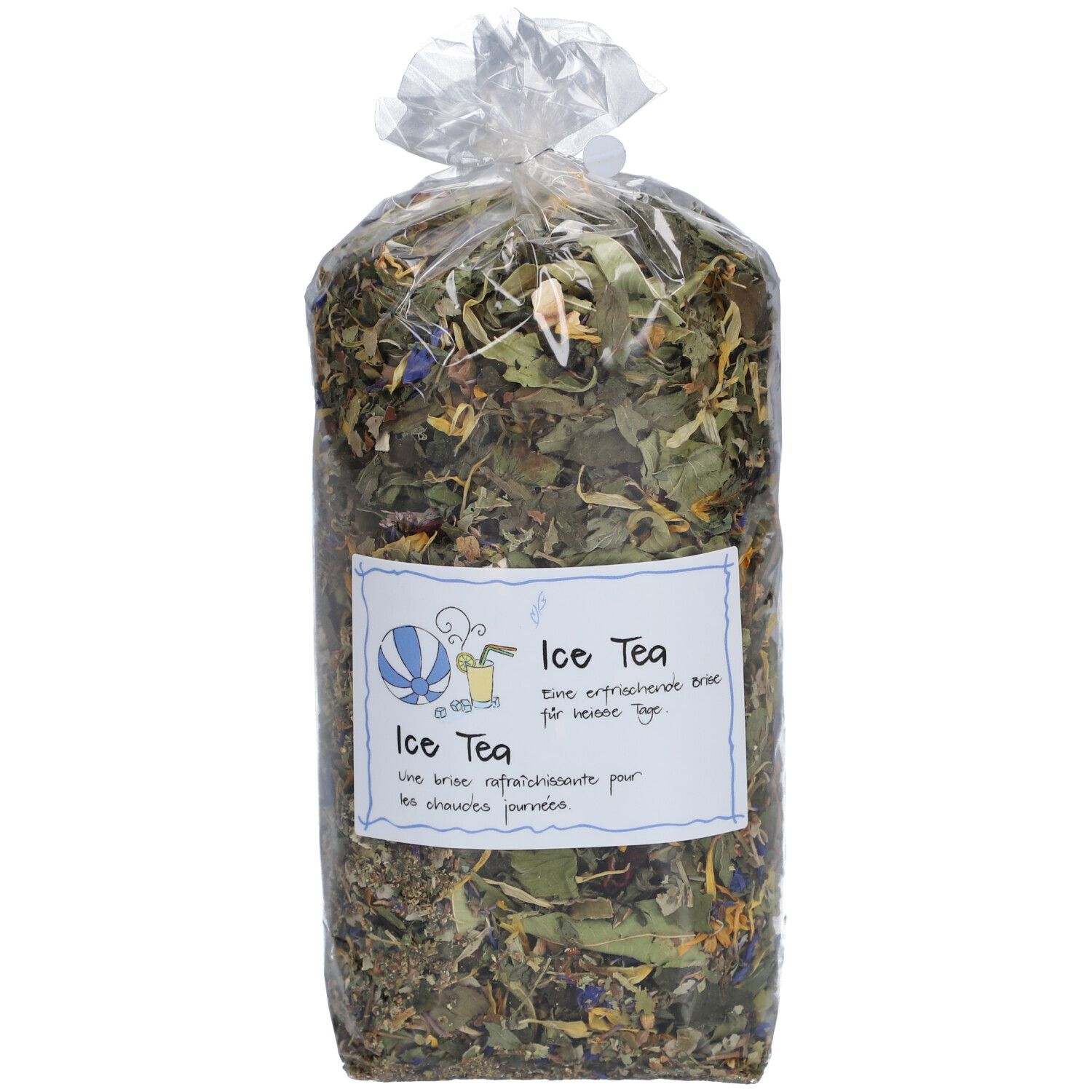 Sachet transparent rempli d'herbes. Étiquette "Ice Tea" avec illustration. Emballage clair.